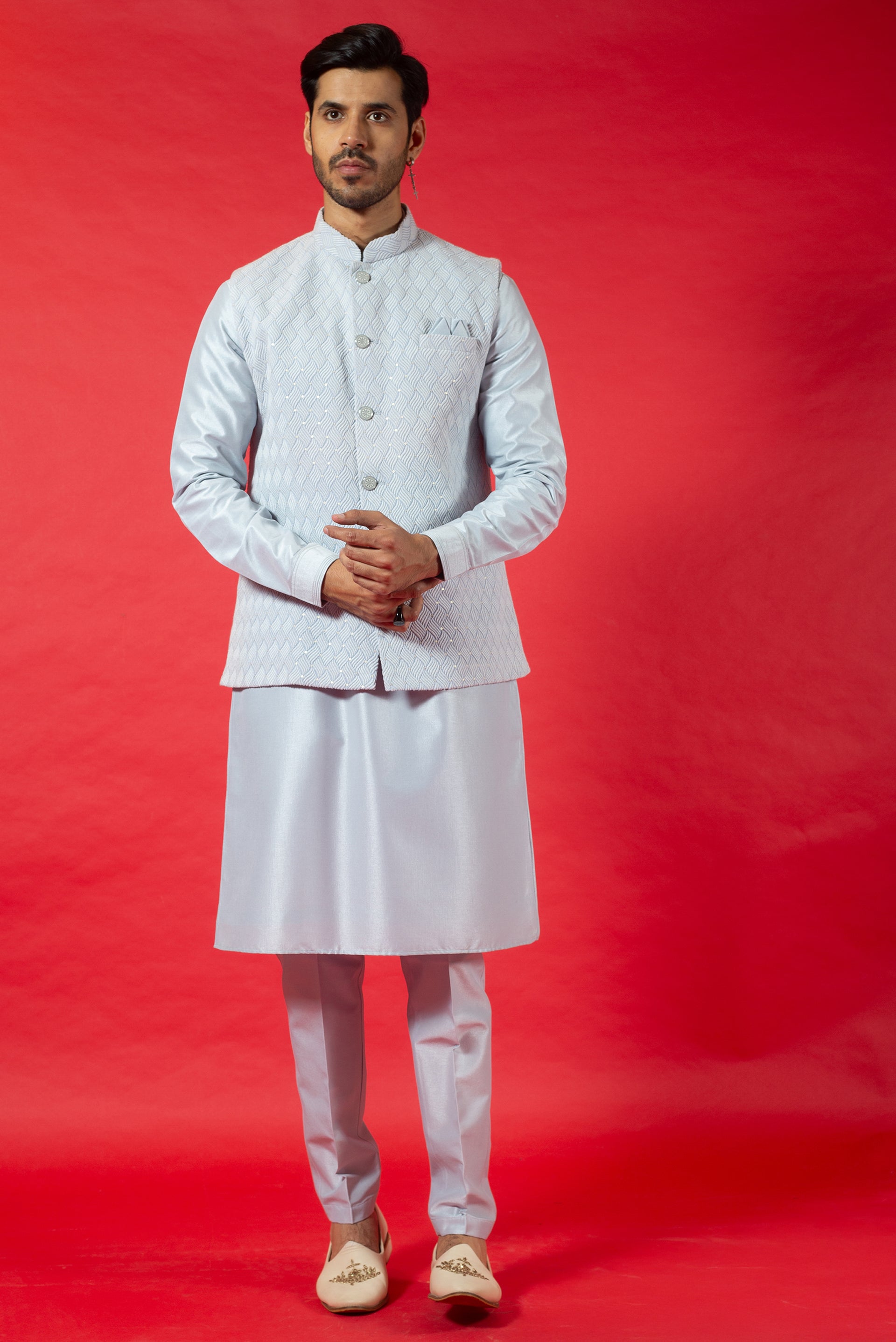 SKY SILK KURTA JACKET SET WITH RESHAM EMBROIDERY