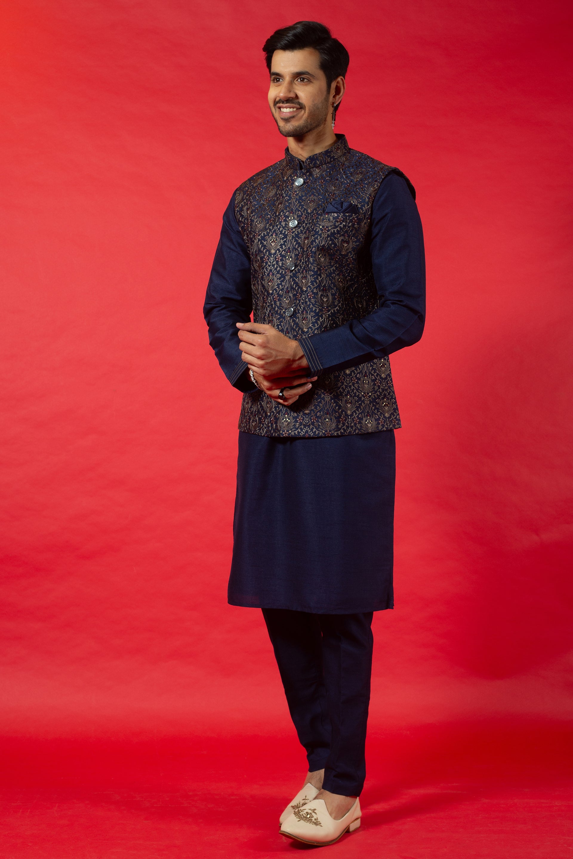 NAVY BLUE SILK KURTA JACKET SET WITH RESHAM & SEQUINS EMBROIDERY