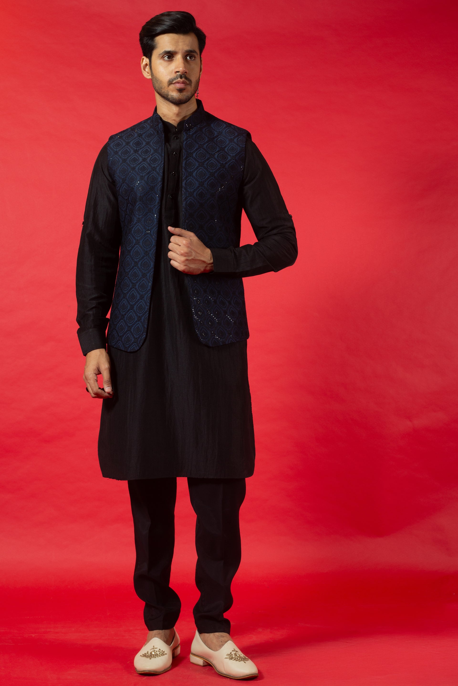 BLUE SILK KURTA JACKET SET WITH RESHAM & SEQUINS EMBROIDERY
