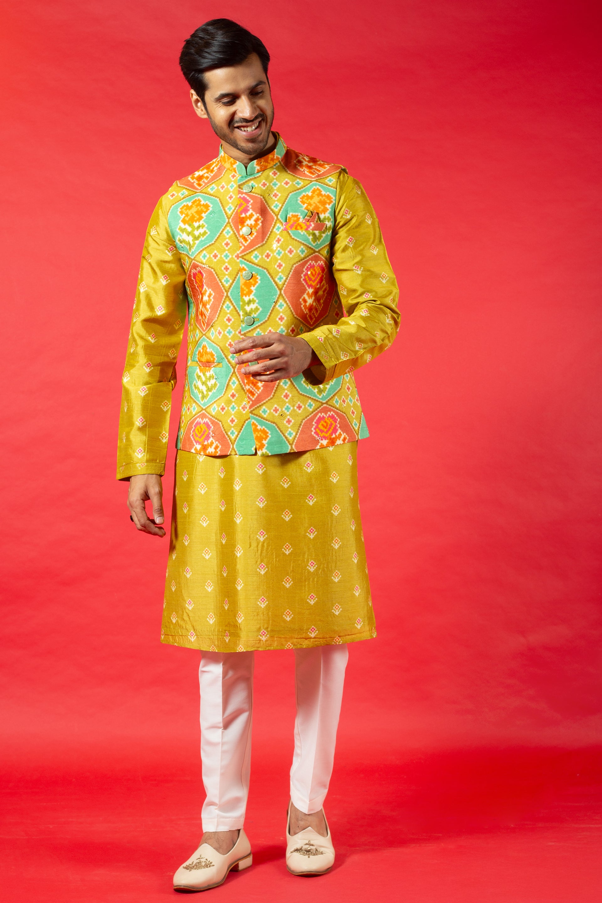 YELLOW PRINTED SILK KURTA JACKET SET WITH RESHAM & SEQUINS EMBROIDERY