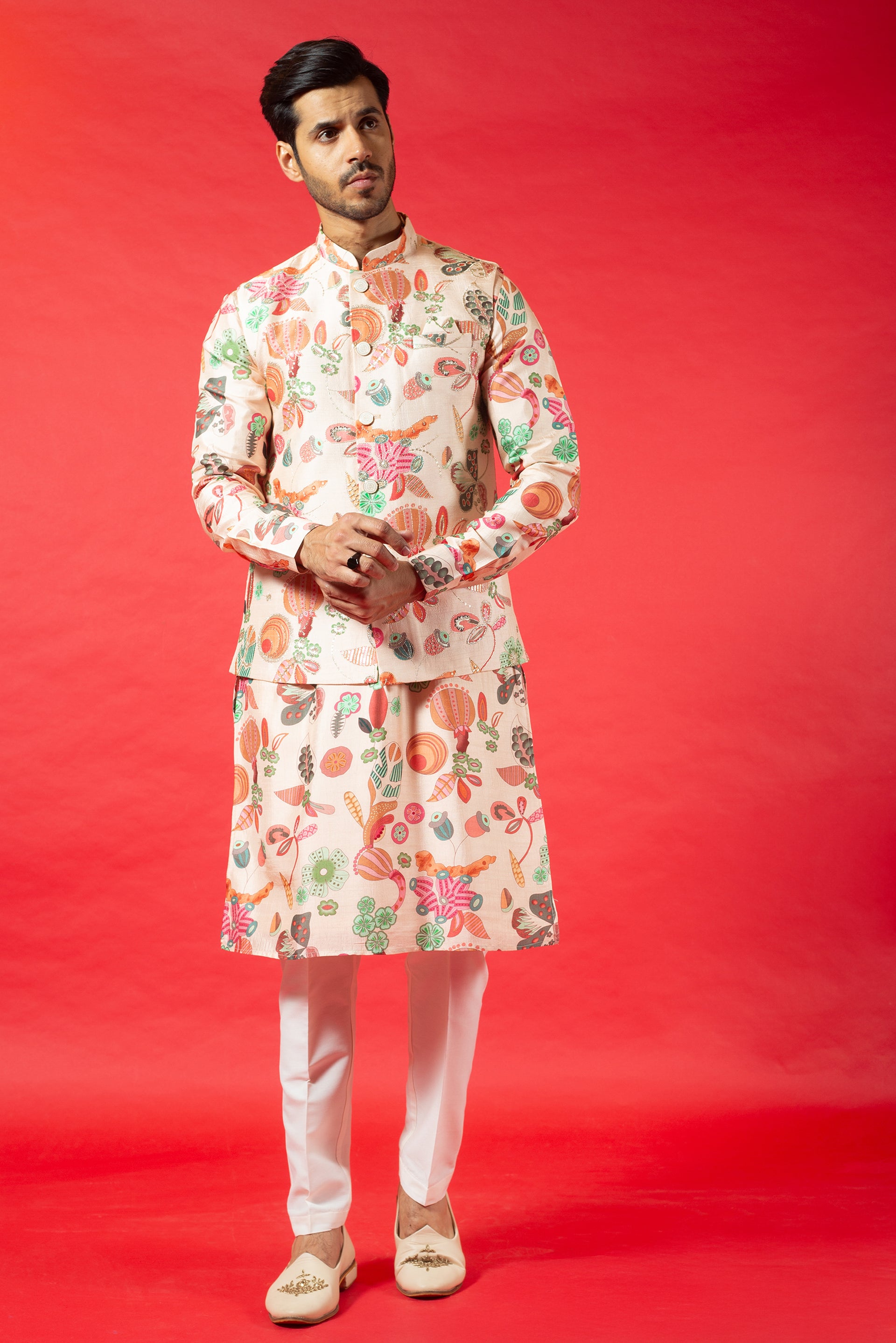 PEACH PRINTED SILK KURTA JACKET SET WITH ZARI & SEQUINS PLACEMENT EMBROIDERY