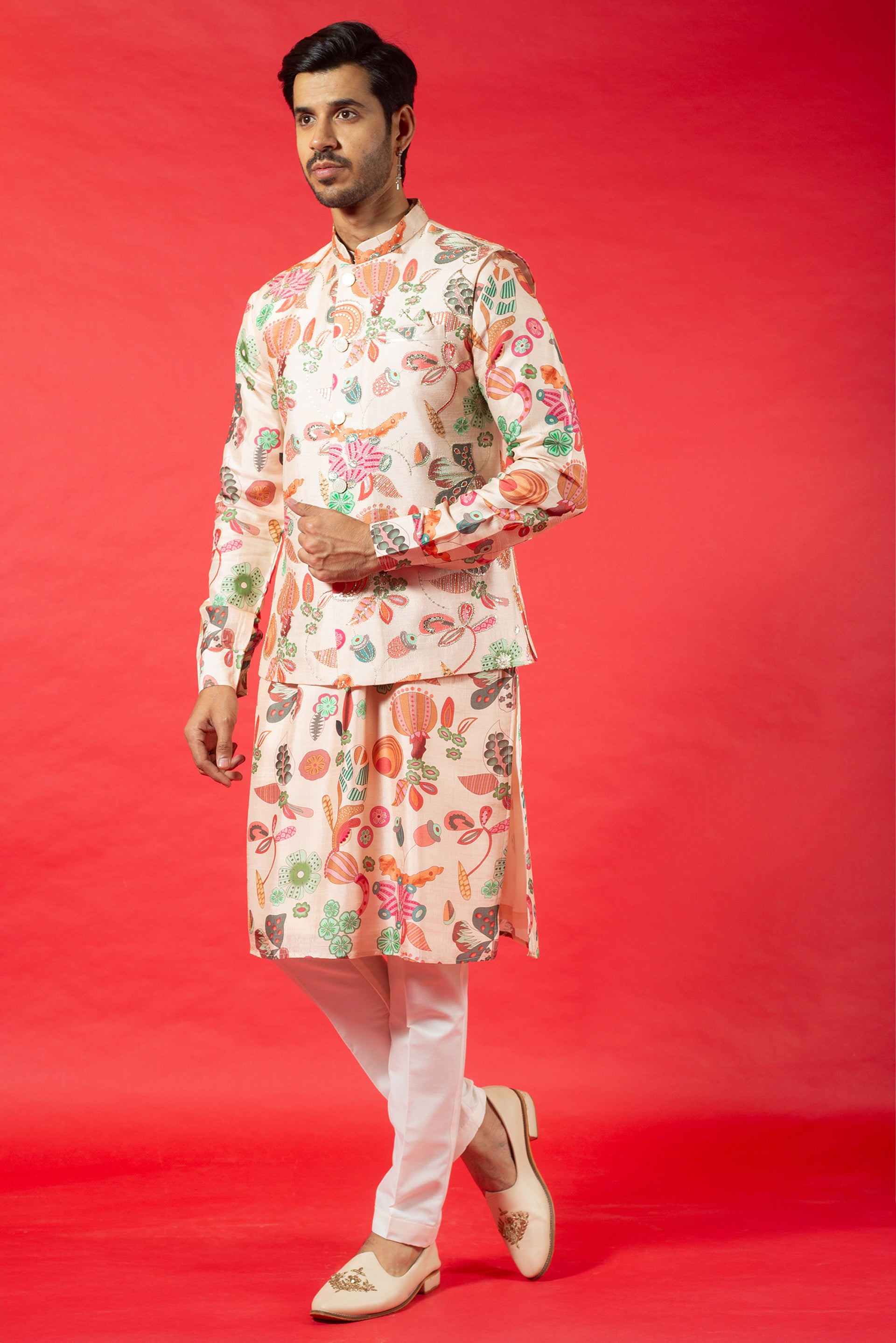 PEACH PRINTED SILK KURTA JACKET SET WITH ZARI & SEQUINS PLACEMENT EMBROIDERY