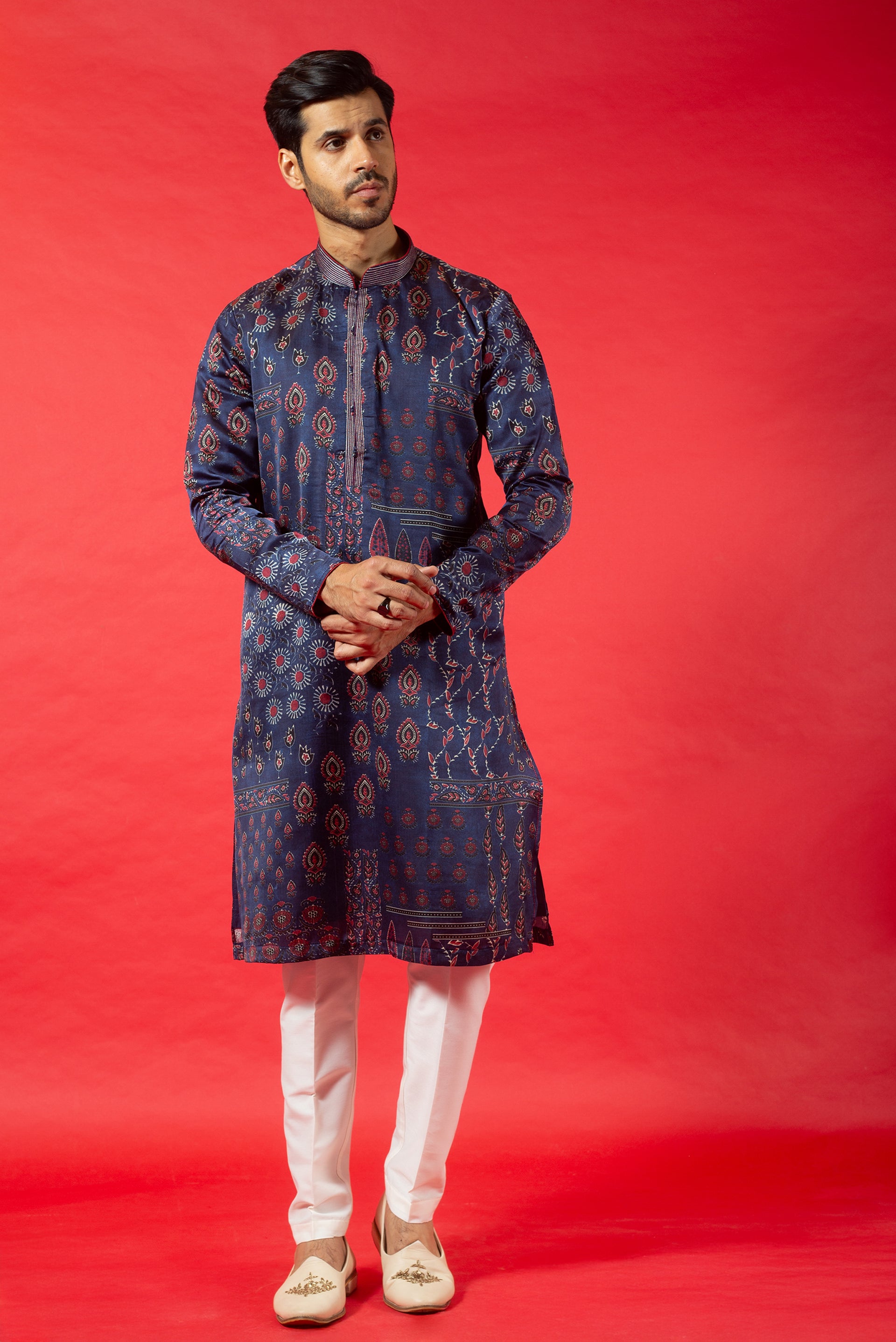 NAVY BLUE PRINTED SILK KURTA SET