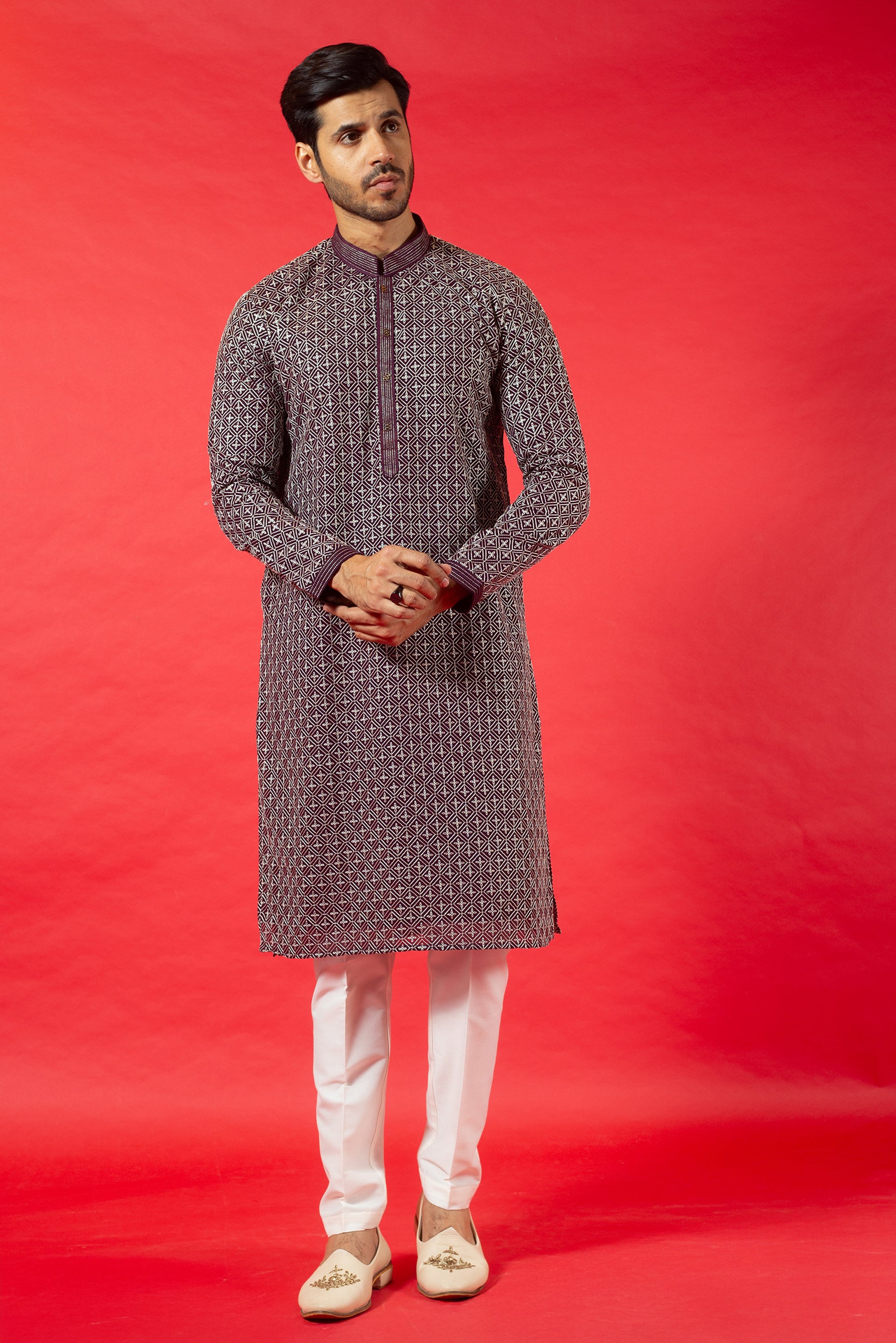 WINE GEORGETTE SILK KURTA SET WITH RESHAM EMBROIDERY