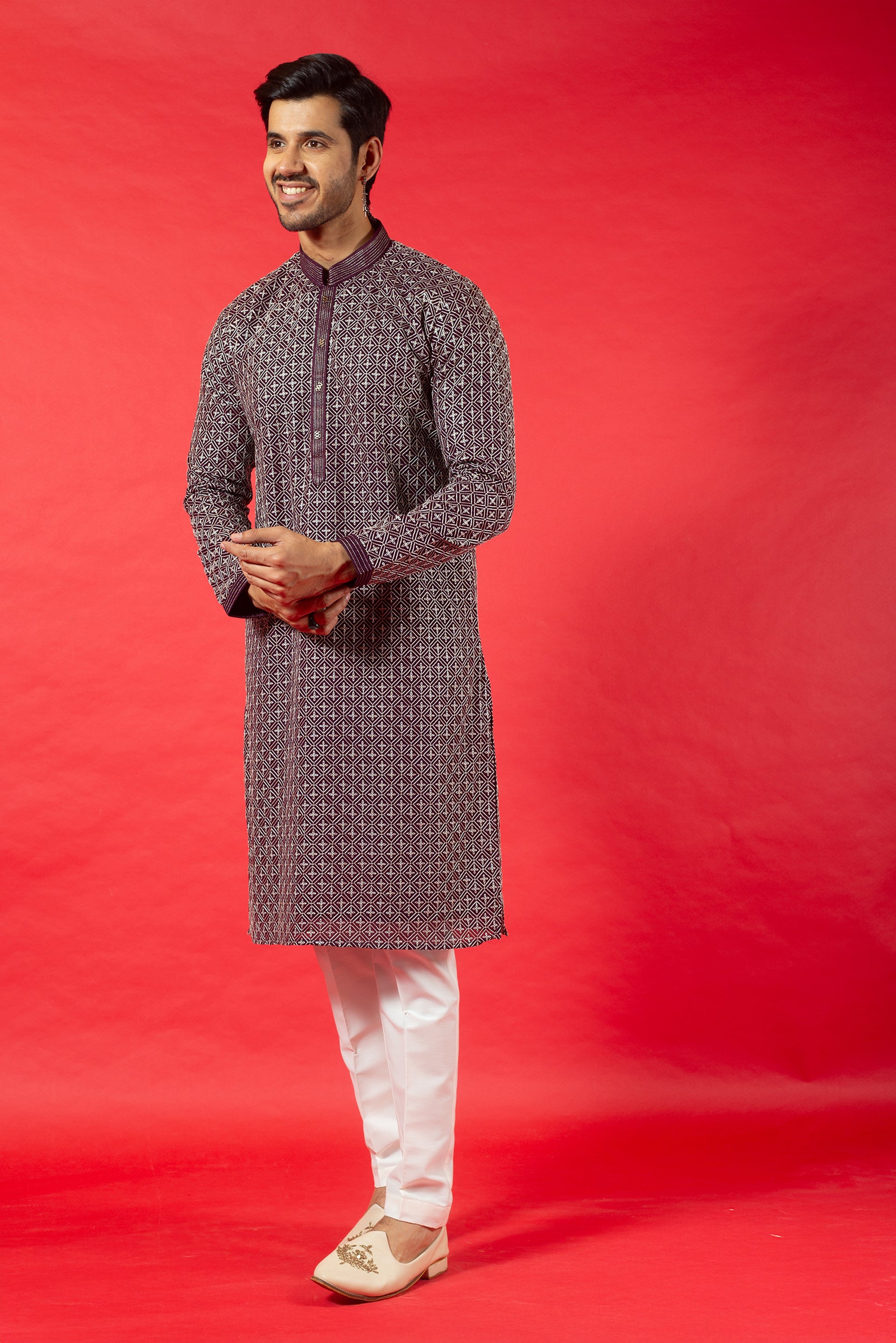 WINE GEORGETTE SILK KURTA SET WITH RESHAM EMBROIDERY