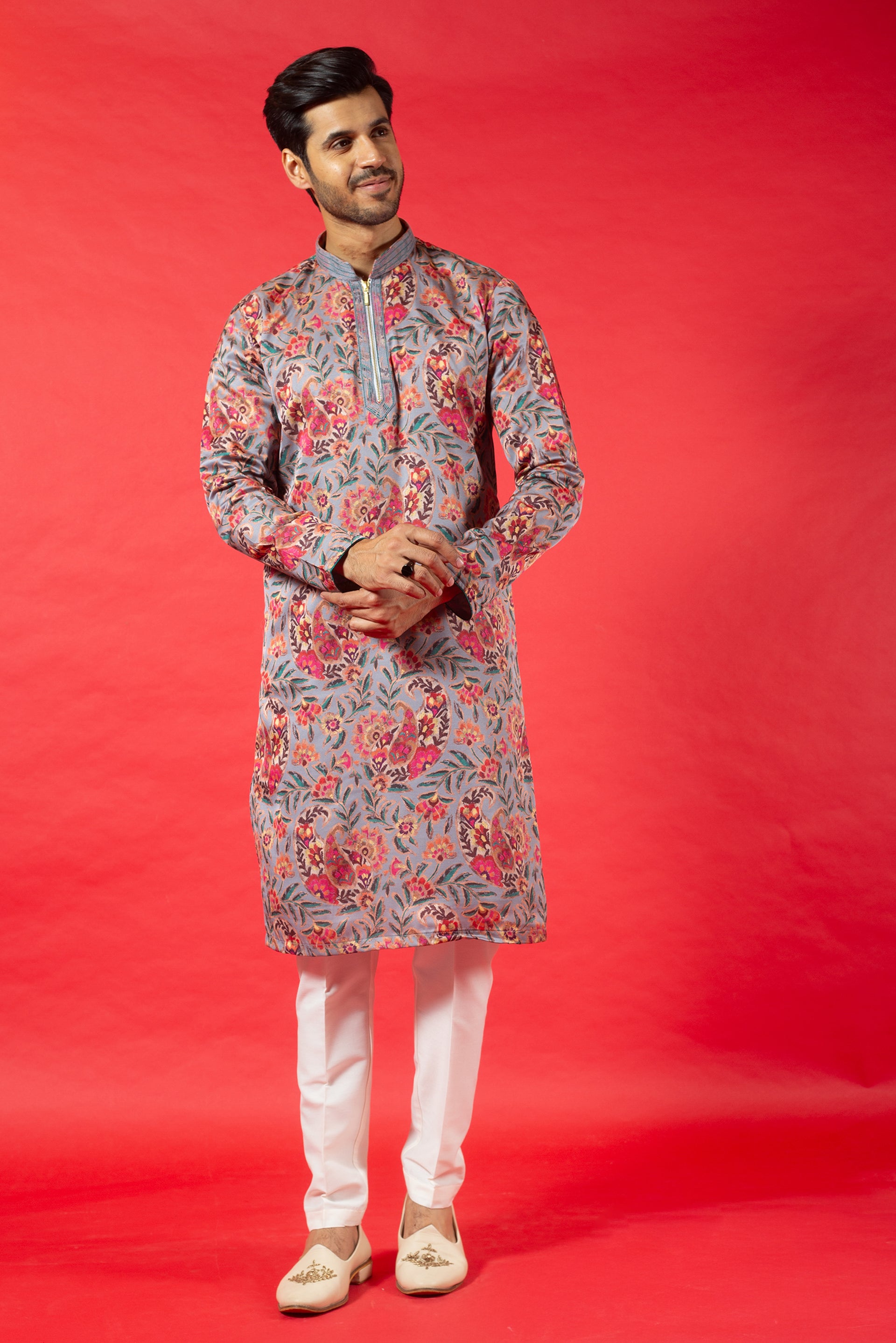 GREY PRINTED SILK KURTA SET