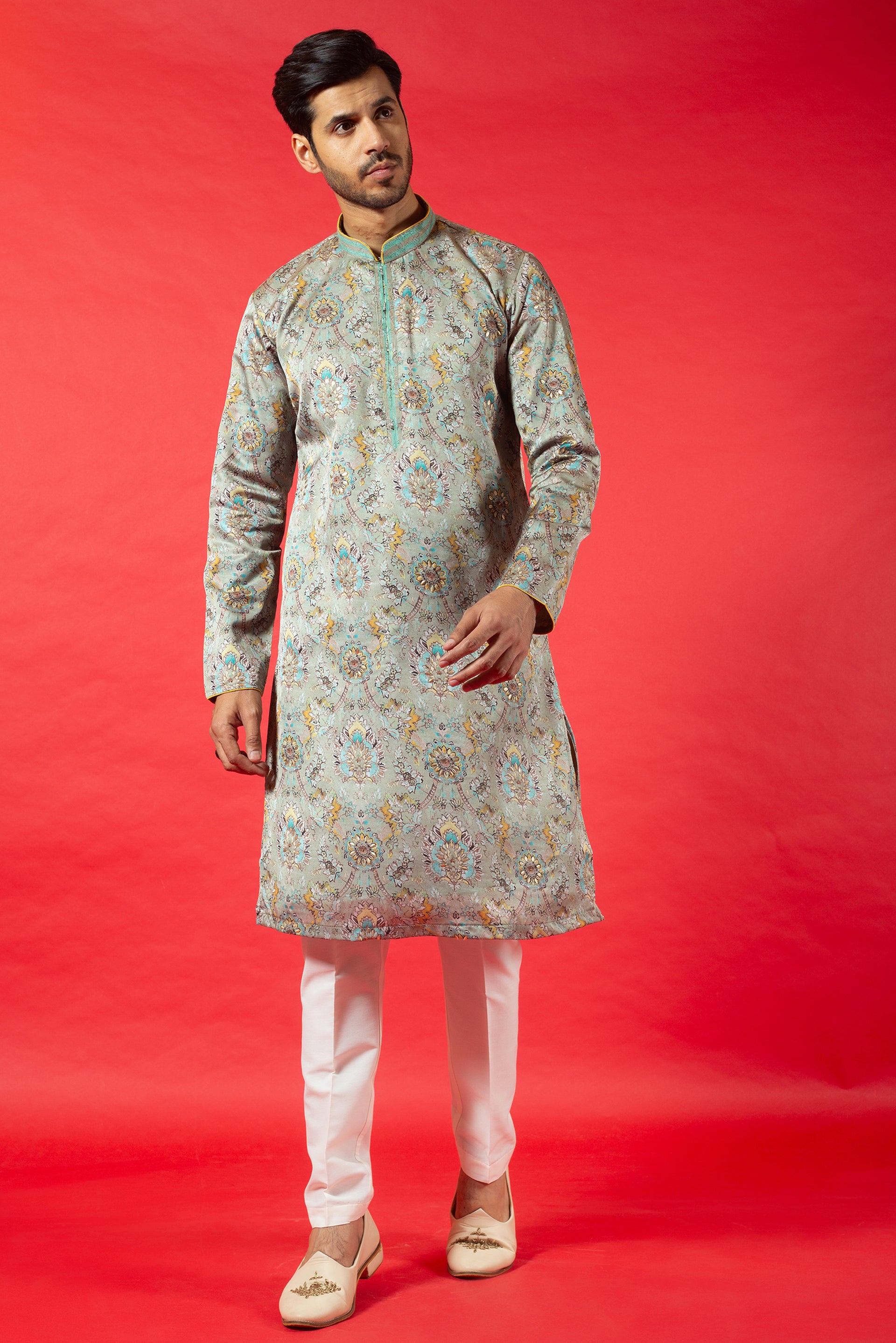 PISTA PRINTED SILK KURTA SET WITH HAND EMBROIDERY