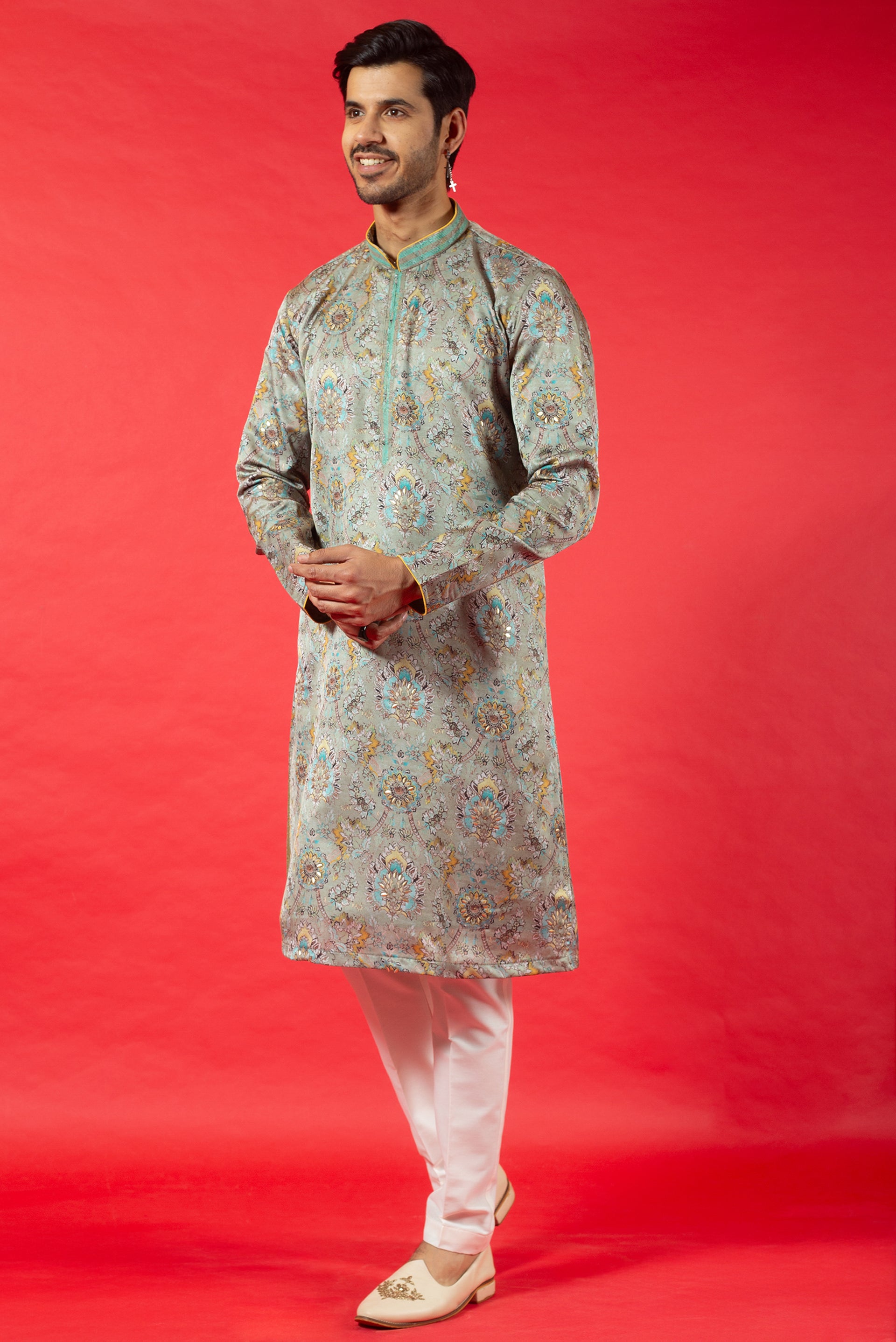 PISTA PRINTED SILK KURTA SET WITH HAND EMBROIDERY