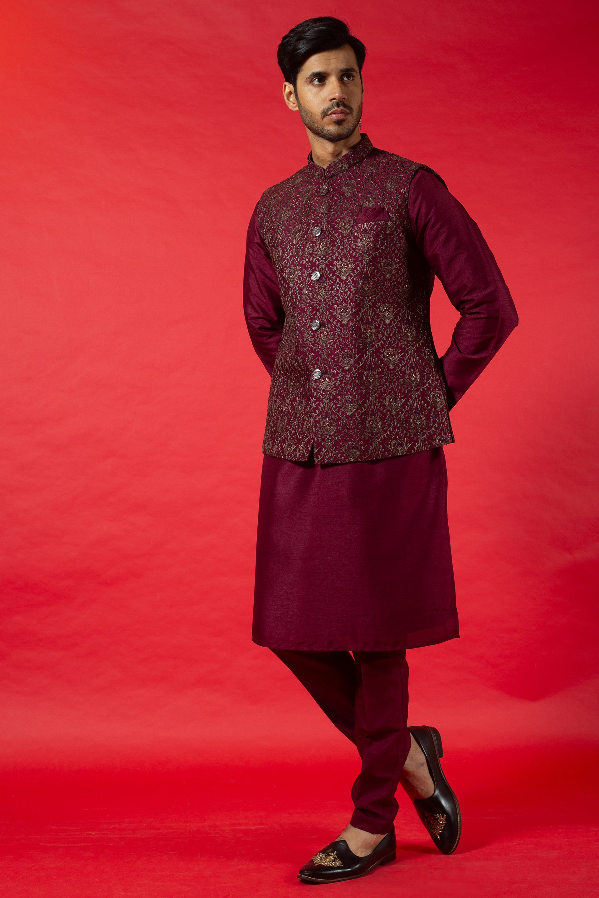MAROON SILK KURTA JACKET SET WITH RESHAM & SEQUINS EMBROIDERY