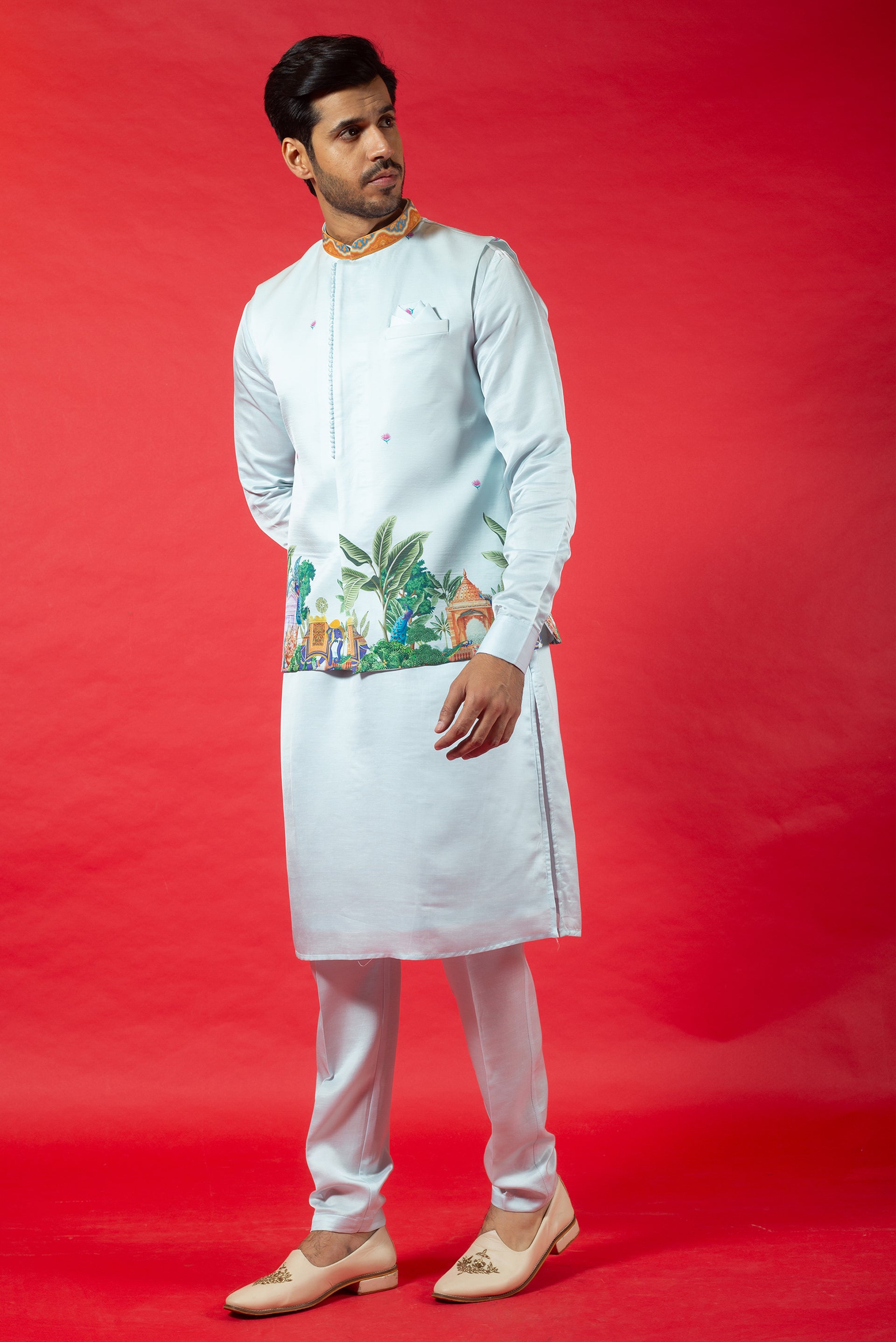 SKY PRINTED SILK KURTA JACKET SET