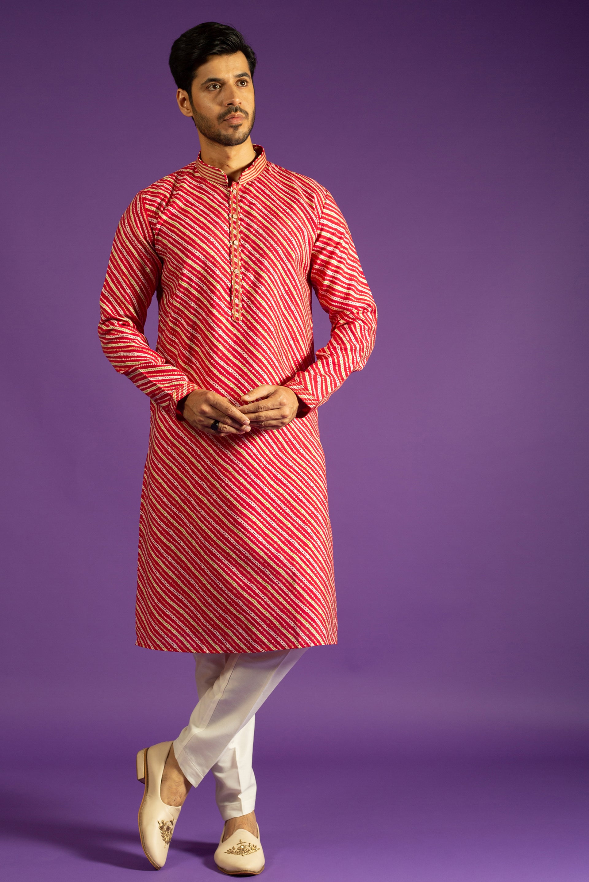 RED BANDHANI PRINT SILK KURTA SET