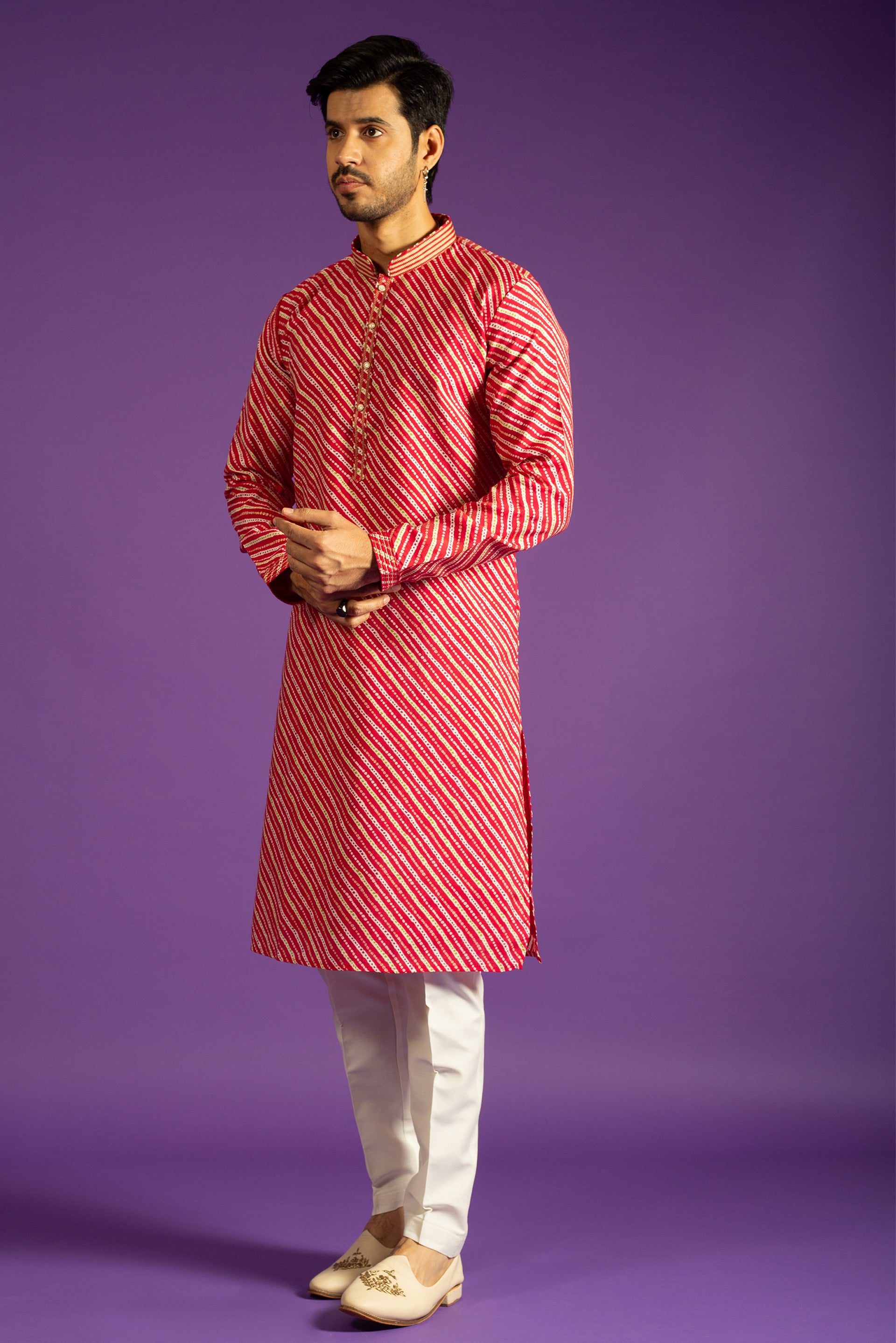 RED BANDHANI PRINT SILK KURTA SET