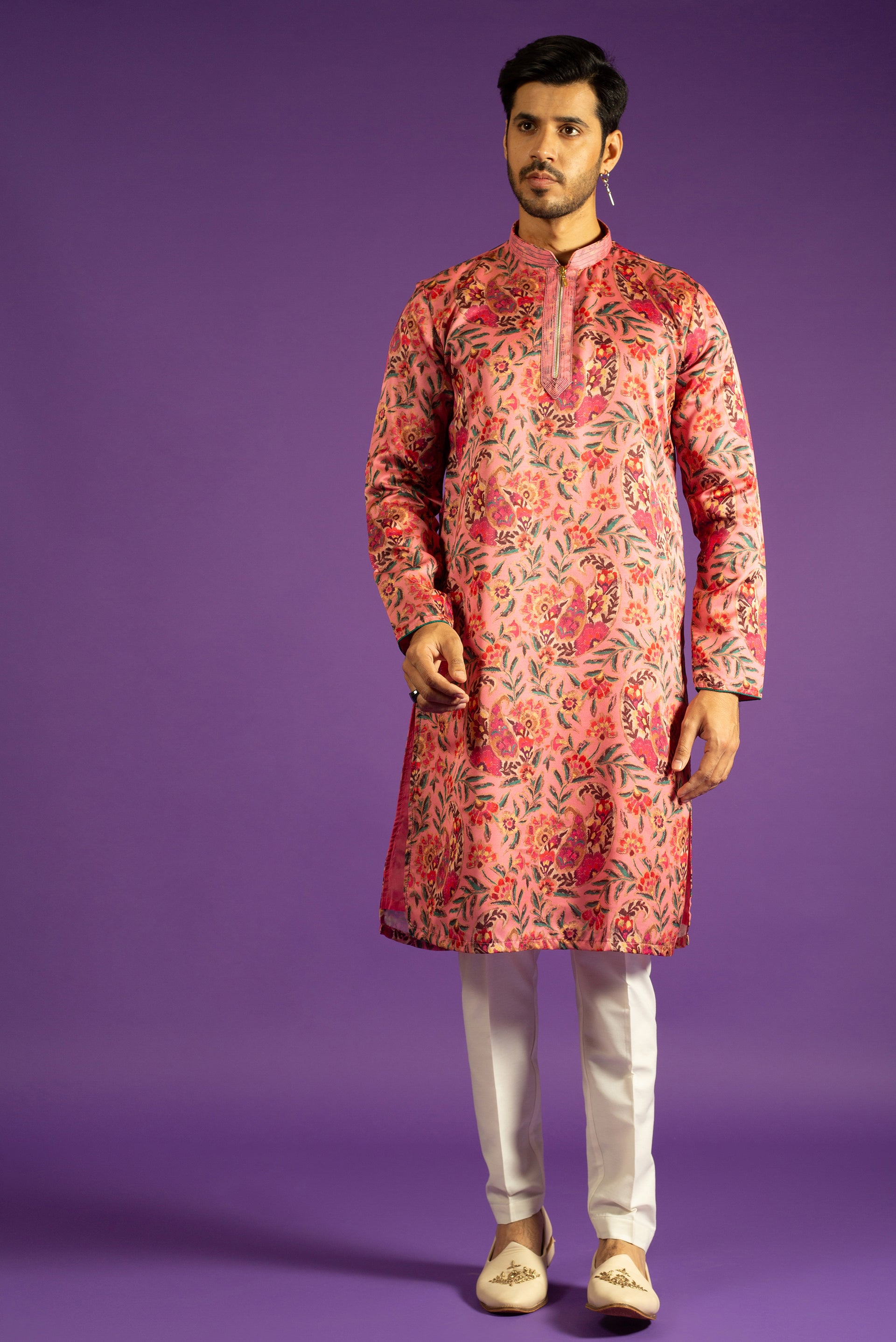PEACH PRINTED LINEN SILK KURTA SET