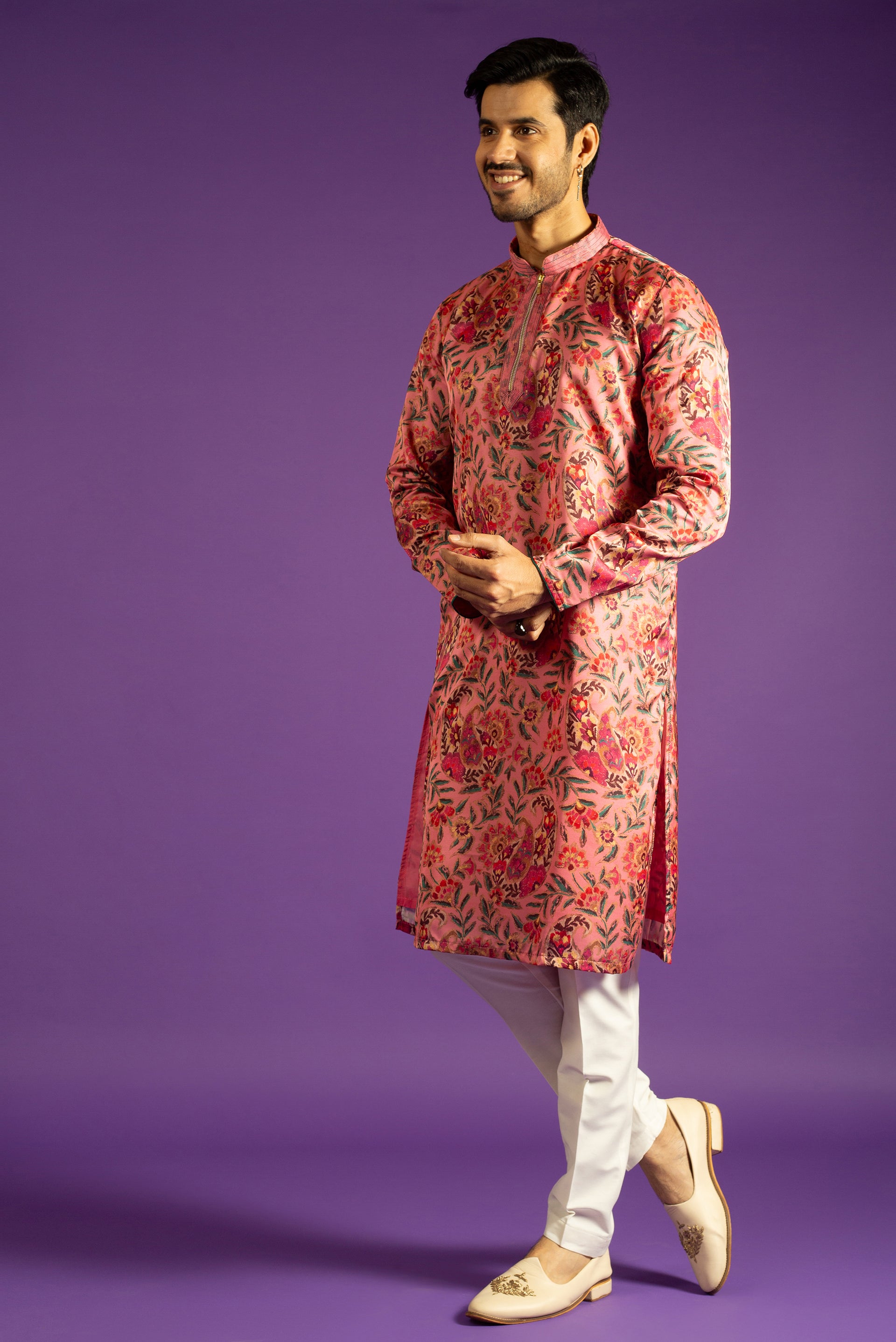 PEACH PRINTED LINEN SILK KURTA SET