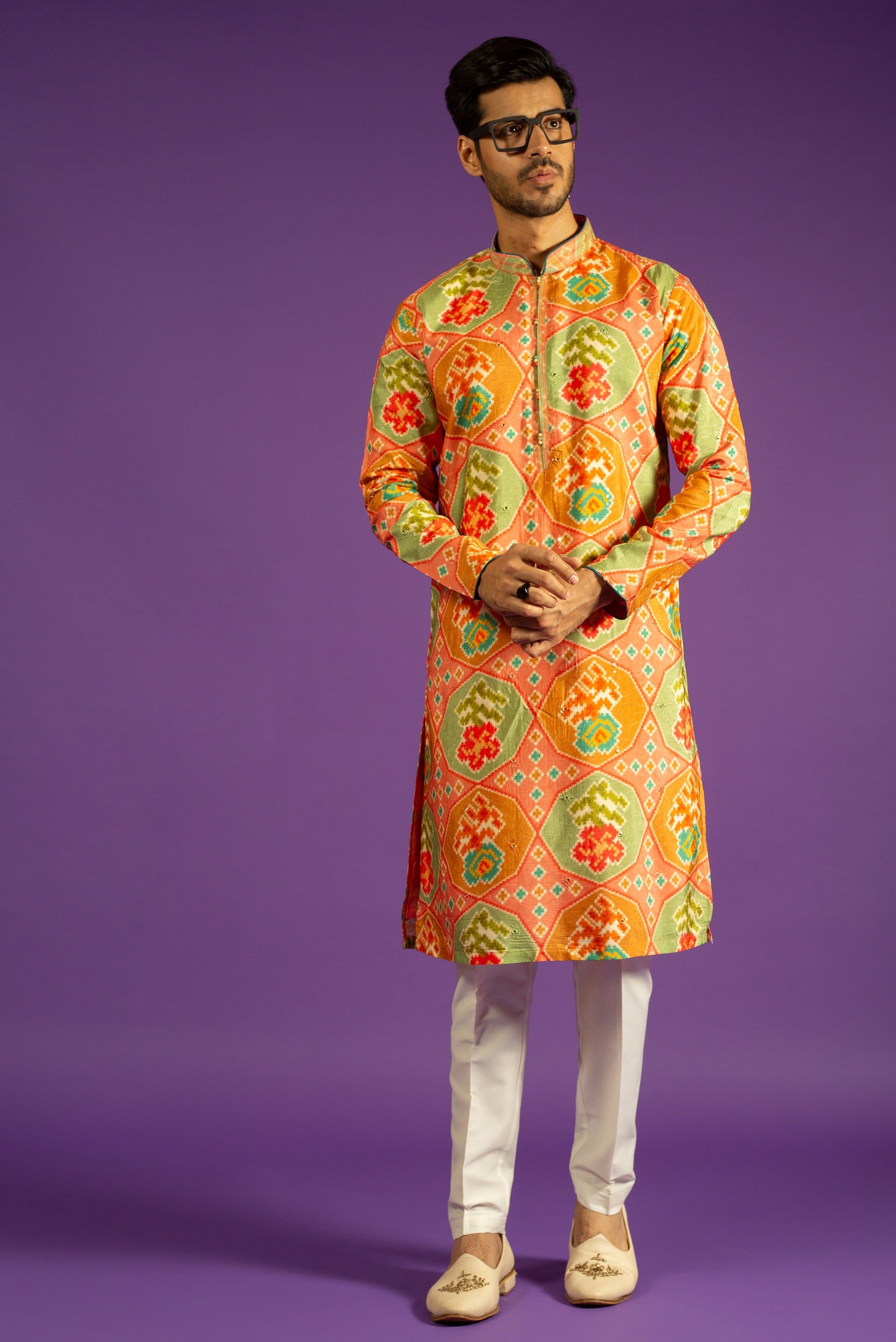 MULTI COLOR PRINTED RAW SILK KURTA SET WITH THREAD & MIRROR EMBROIDERY