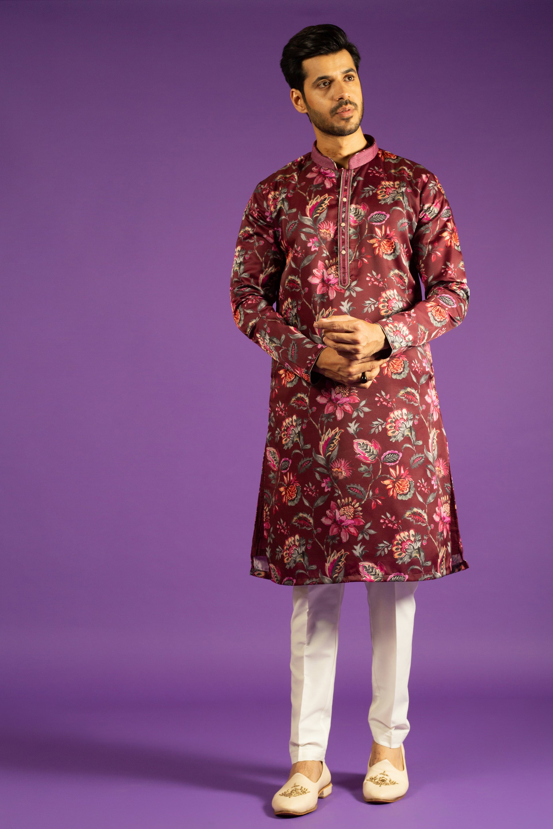 MAROON PRINTED LINEN SILK KURTA SET