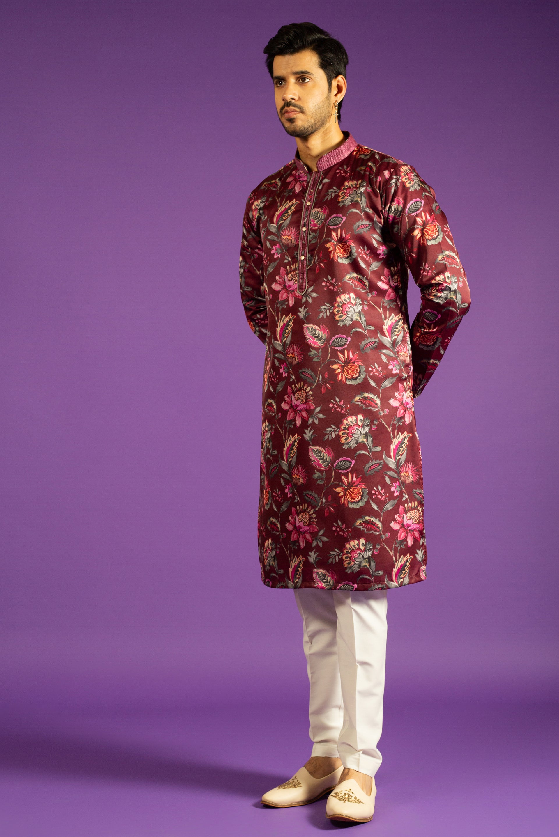 MAROON PRINTED LINEN SILK KURTA SET