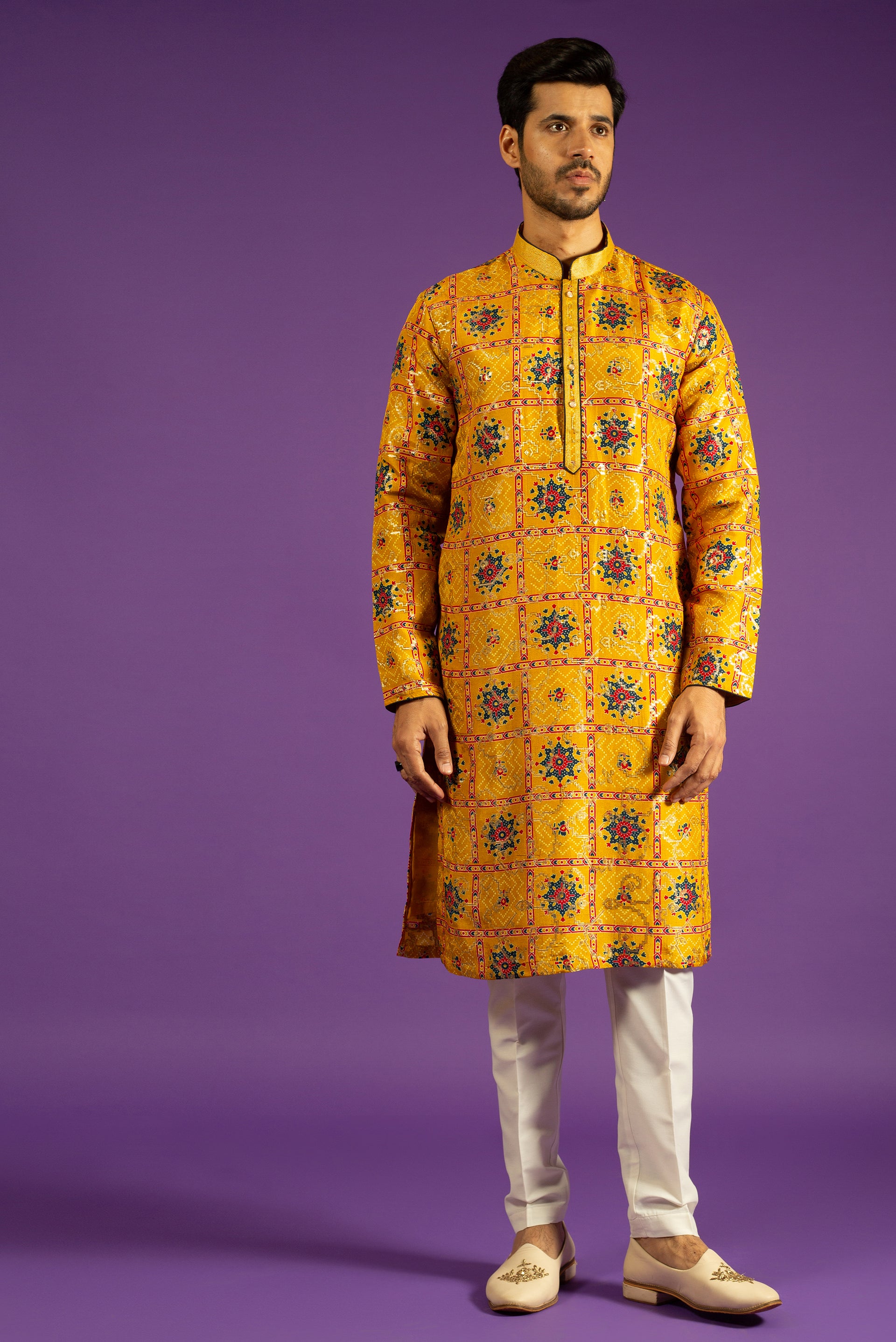 YELLOW PRINTED BROCADE SILK KURTA SET