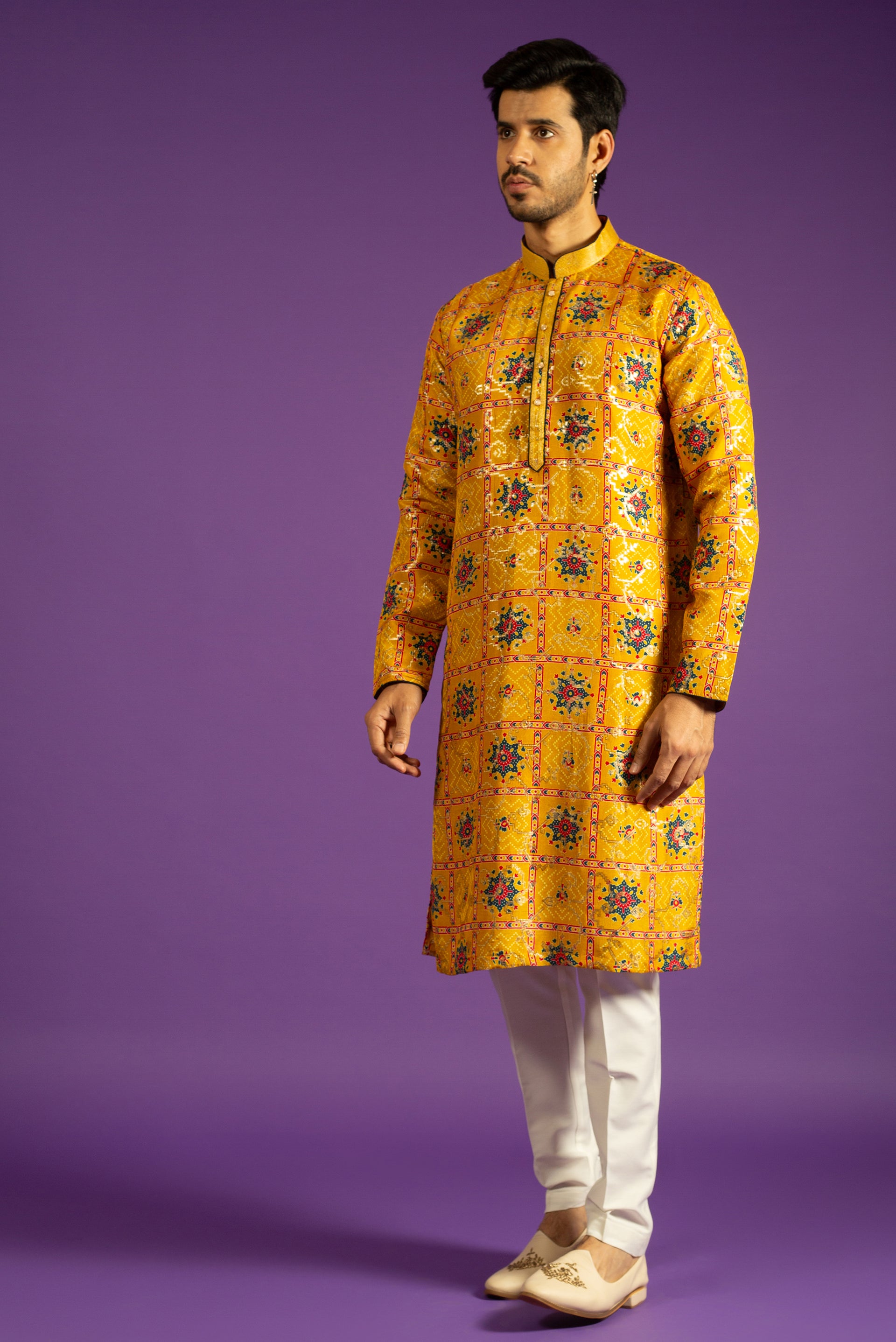 YELLOW PRINTED BROCADE SILK KURTA SET
