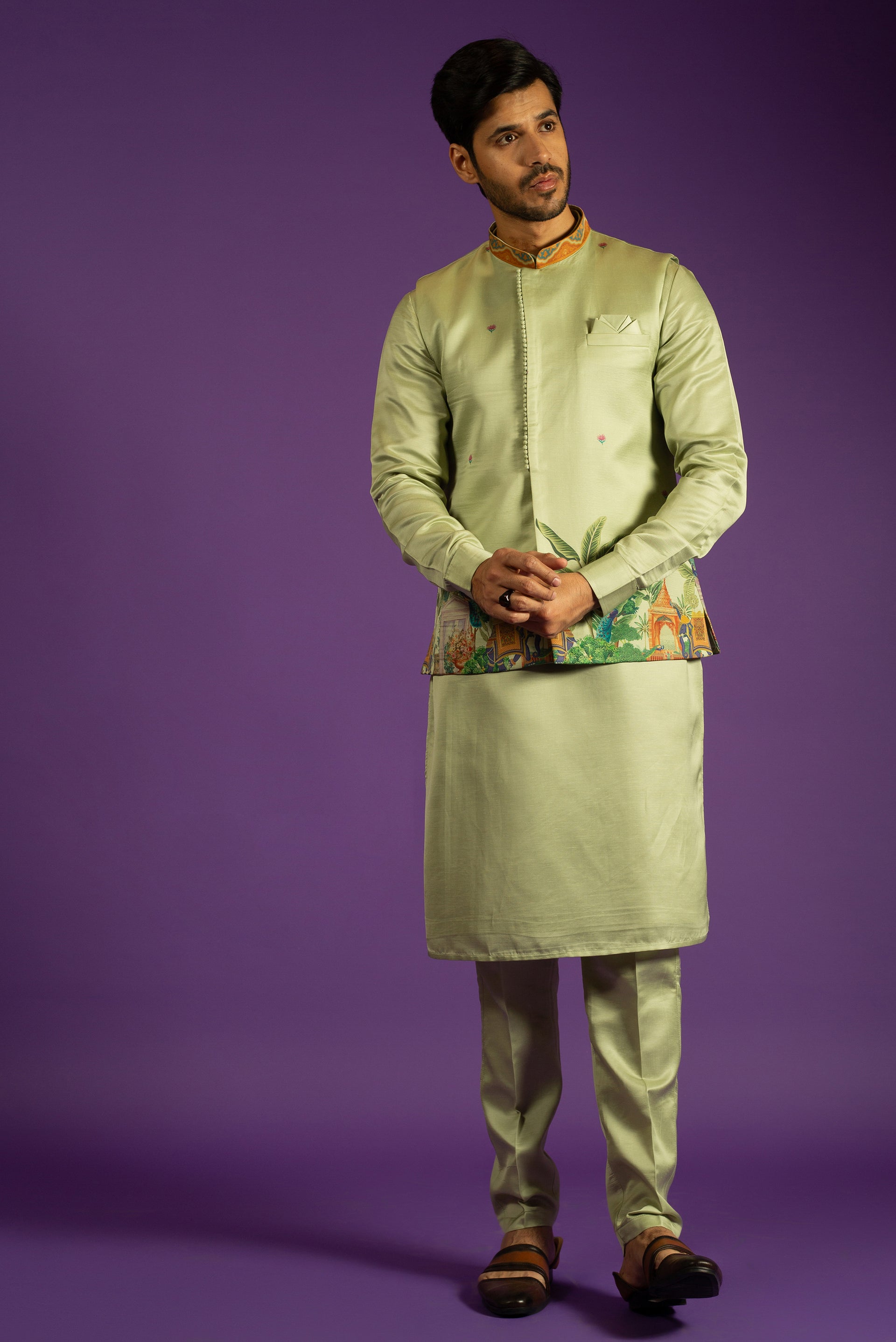 MINT PRINTED LINEN SILK KURTA JACKET SET