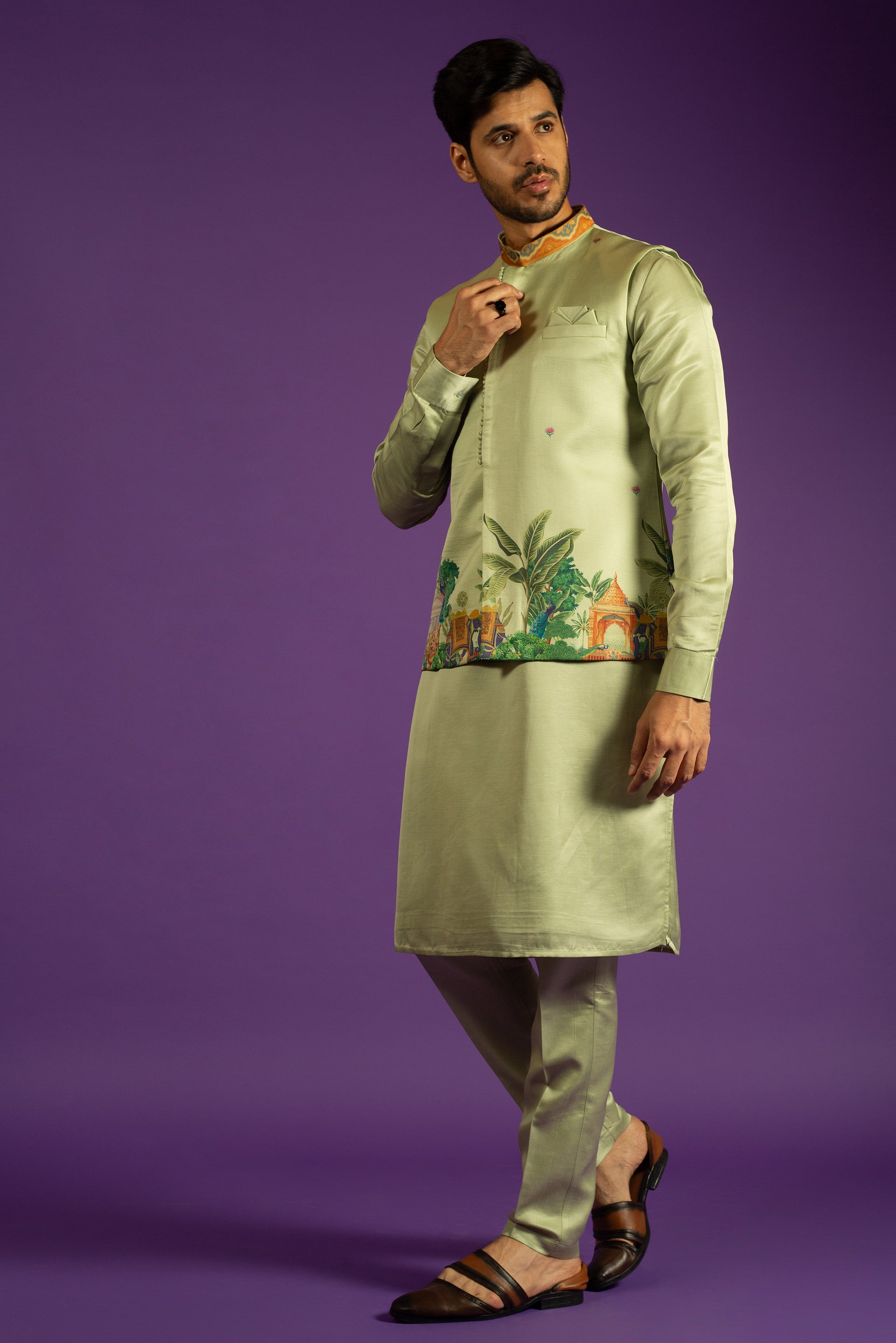 MINT PRINTED LINEN SILK KURTA JACKET SET