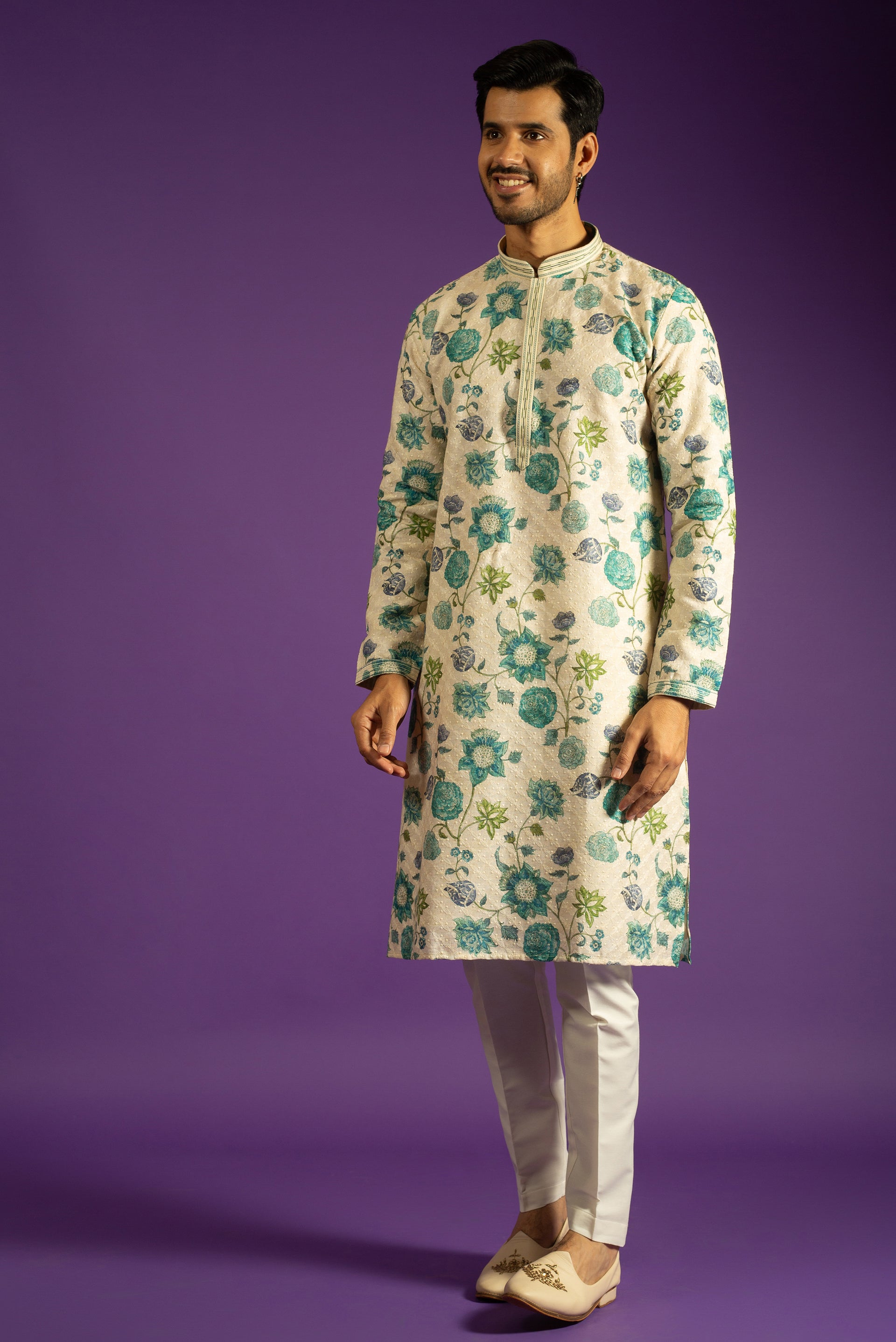 BEIGE PRINTED LINEN KURTA SET WITH THREAD EMBROIDERY