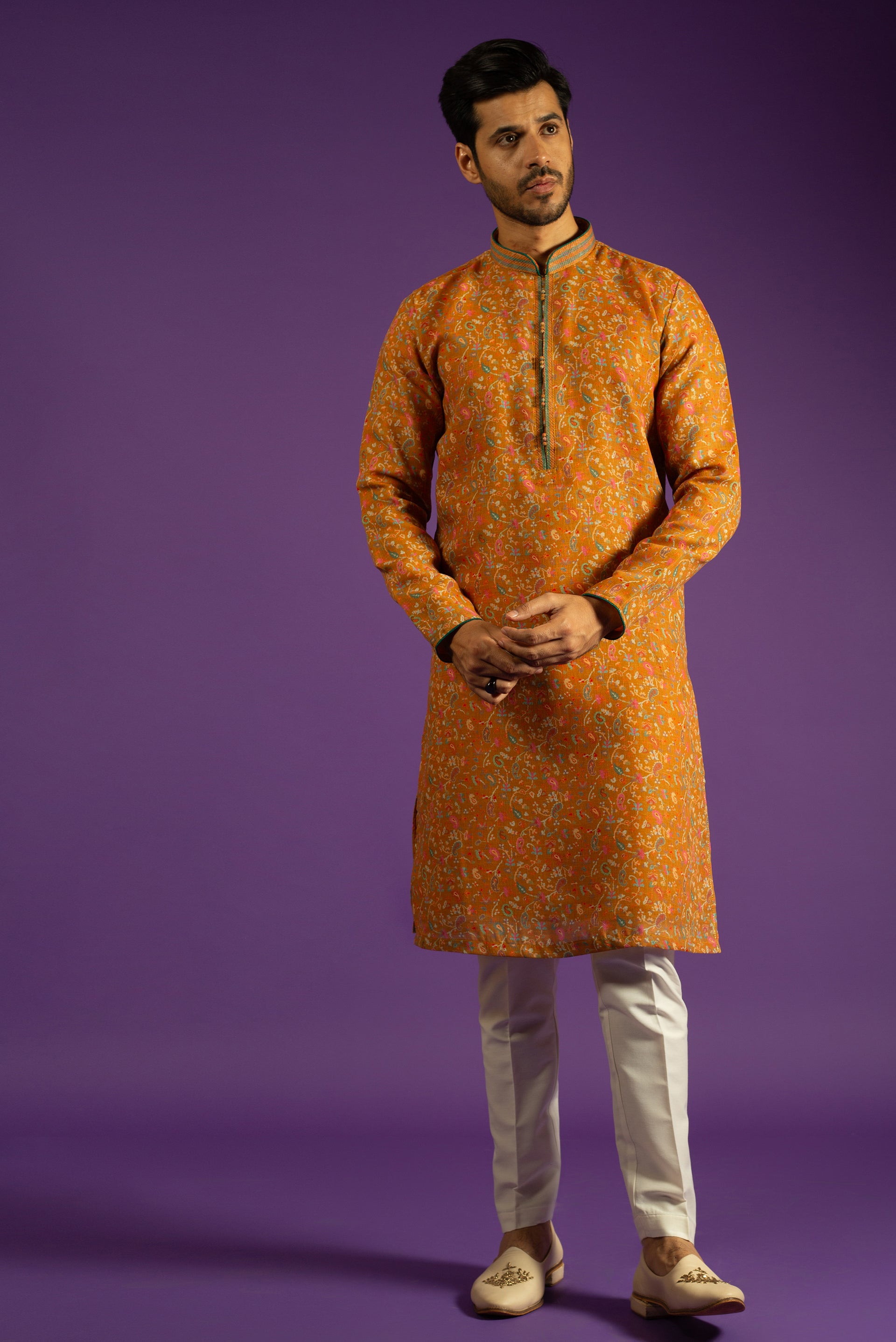 YELLOW PRINTED LINEN KURTA SET