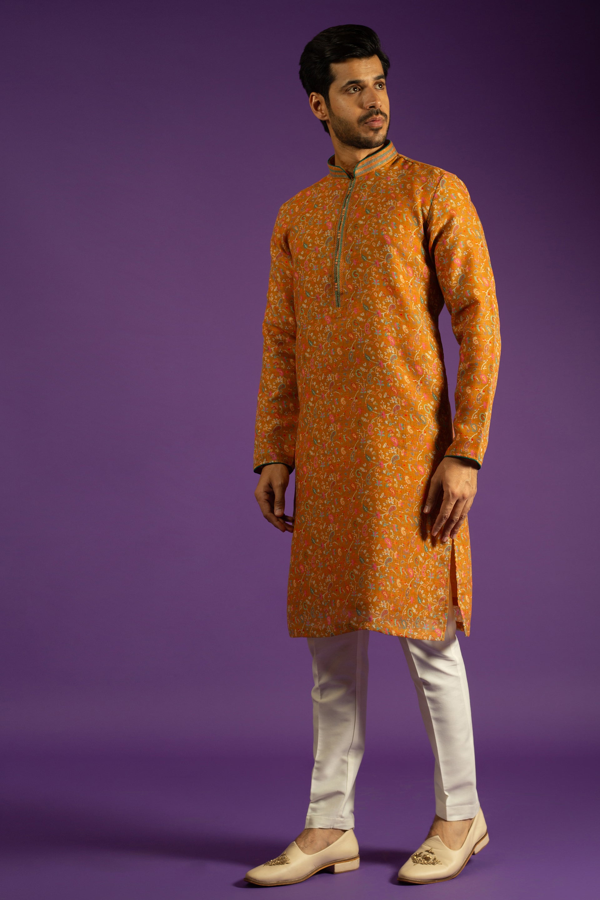 YELLOW PRINTED LINEN KURTA SET