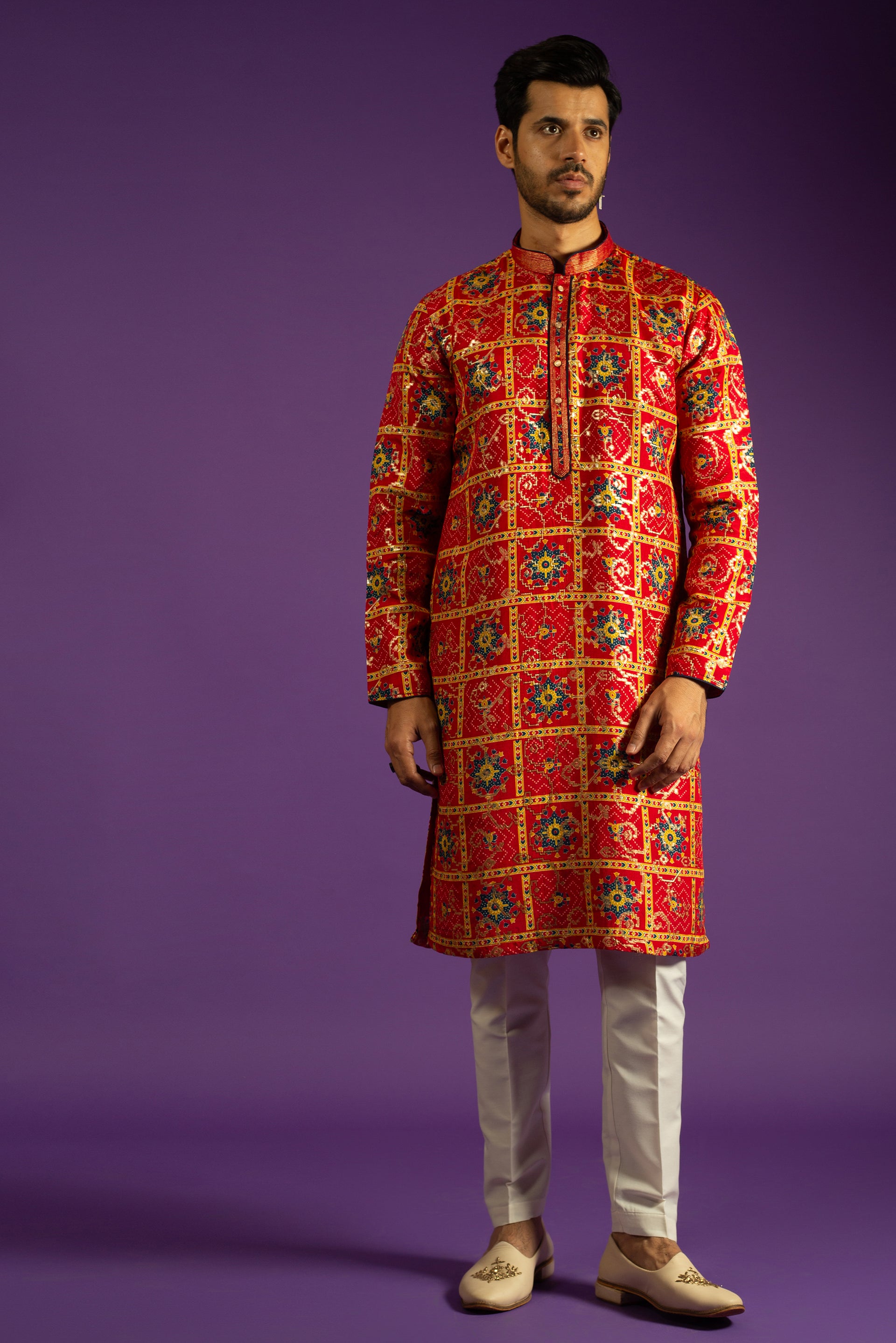 RED PRINTED BROCADE SILK KURTA SET