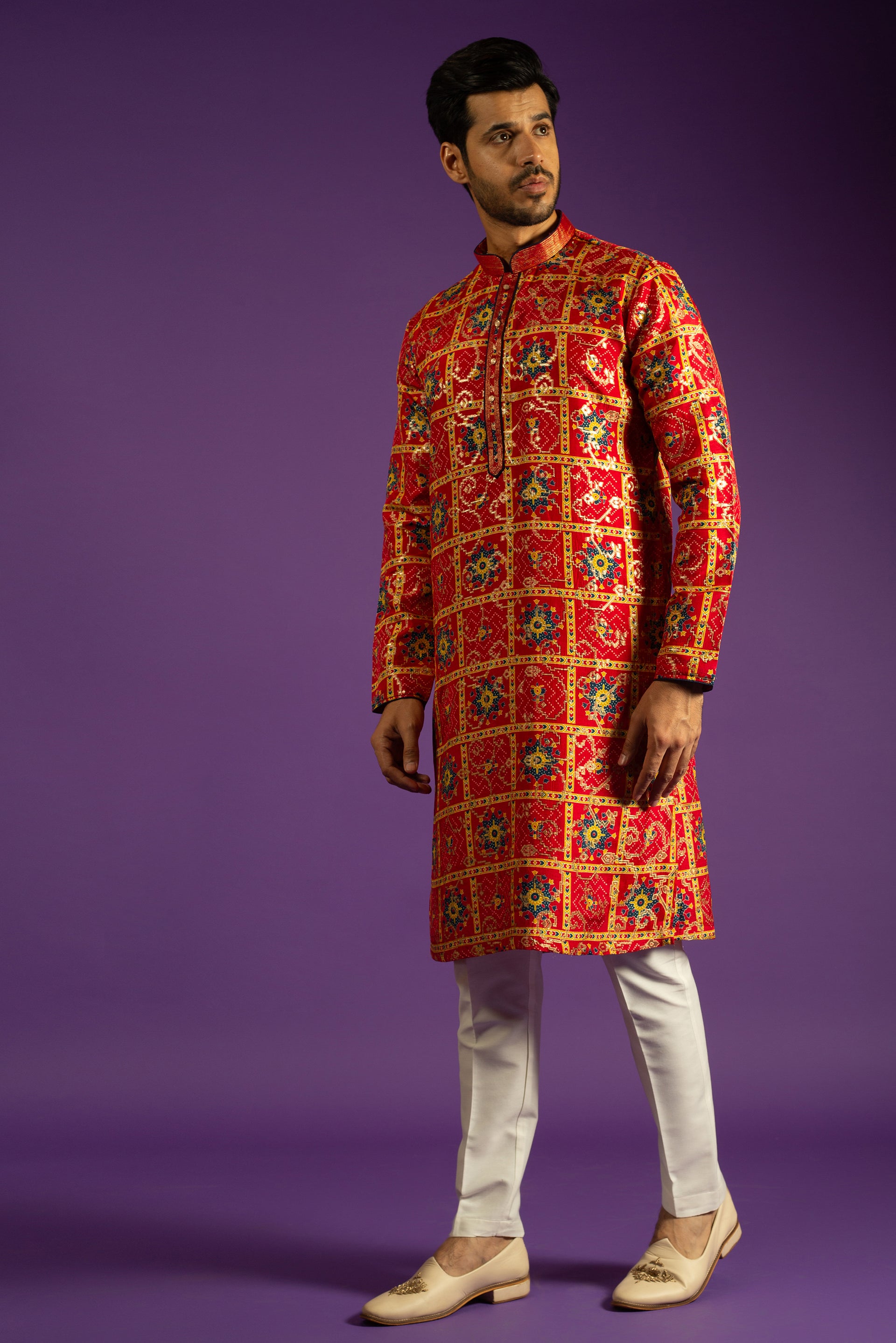 RED PRINTED BROCADE SILK KURTA SET