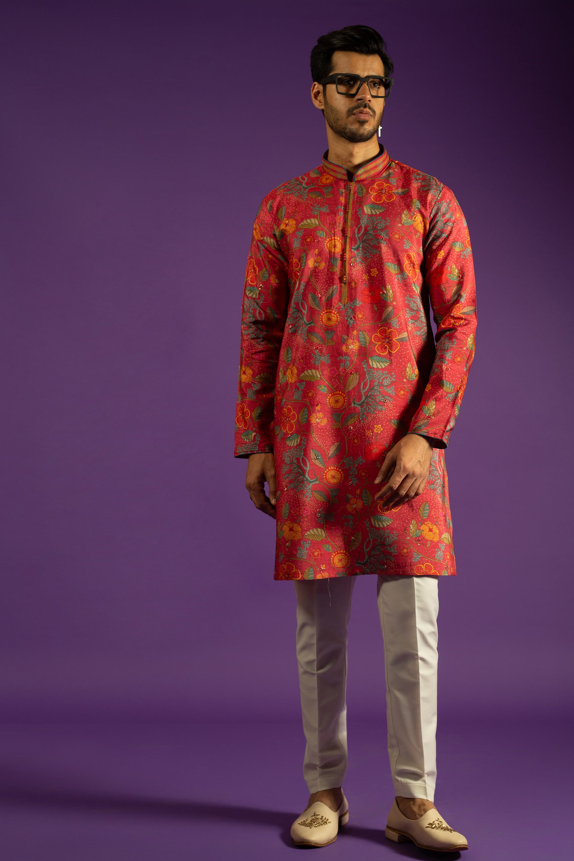 PINK PRINTED RAW SILK KURTA SET WITH THREAD & MIRROR EMBROIDERY