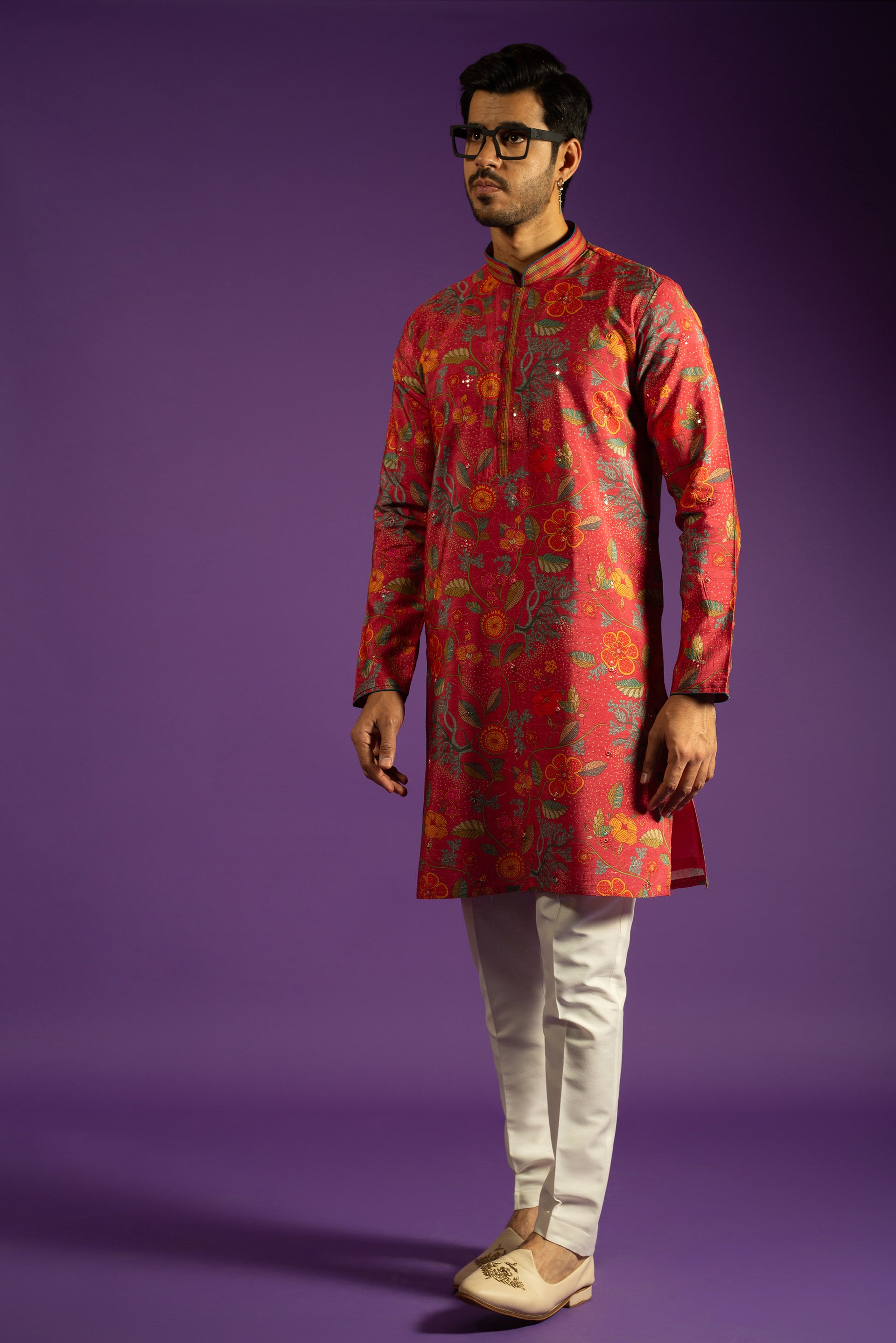 PINK PRINTED RAW SILK KURTA SET WITH THREAD & MIRROR EMBROIDERY