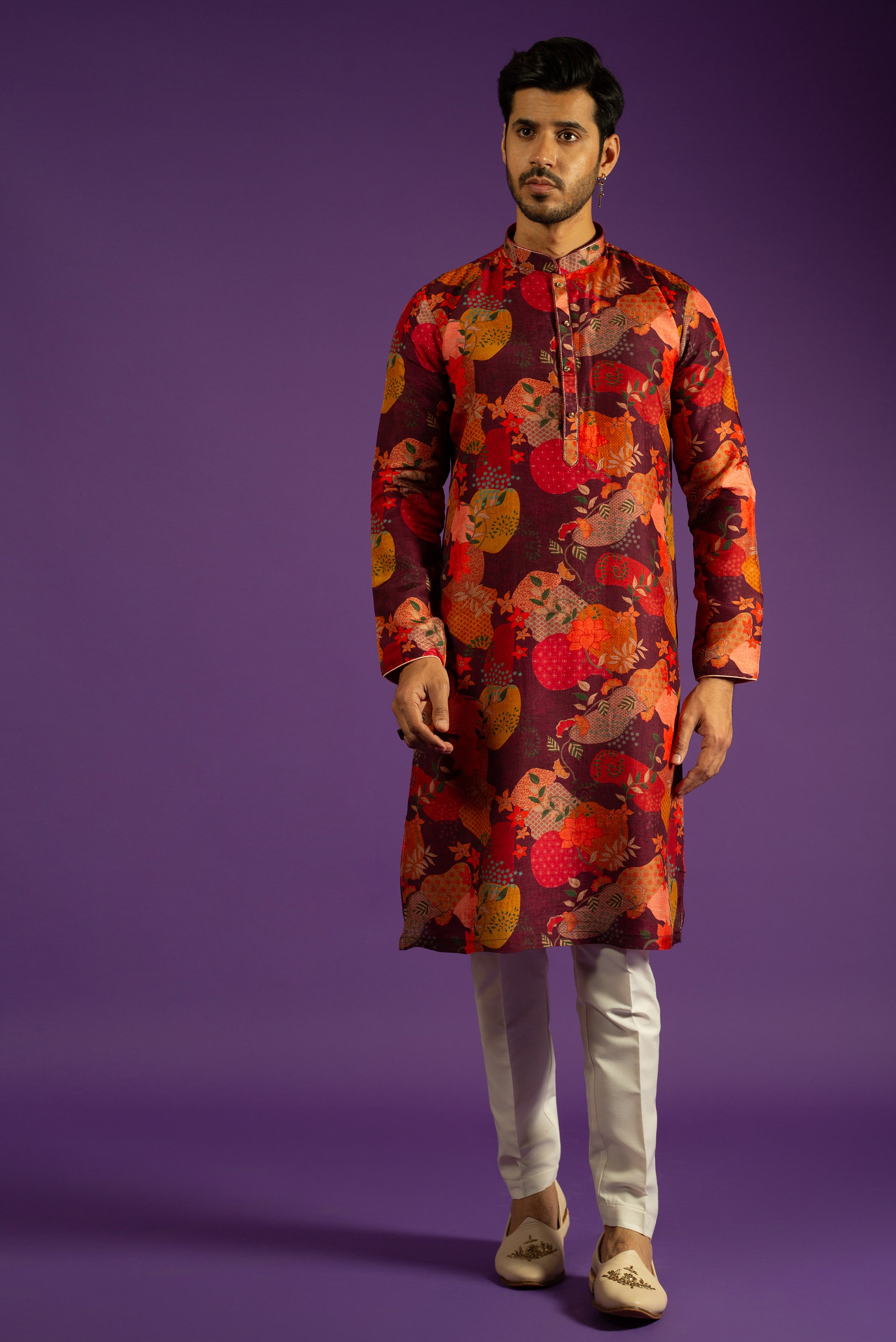 MAROON PRINTED RAW SILK KURTA SET