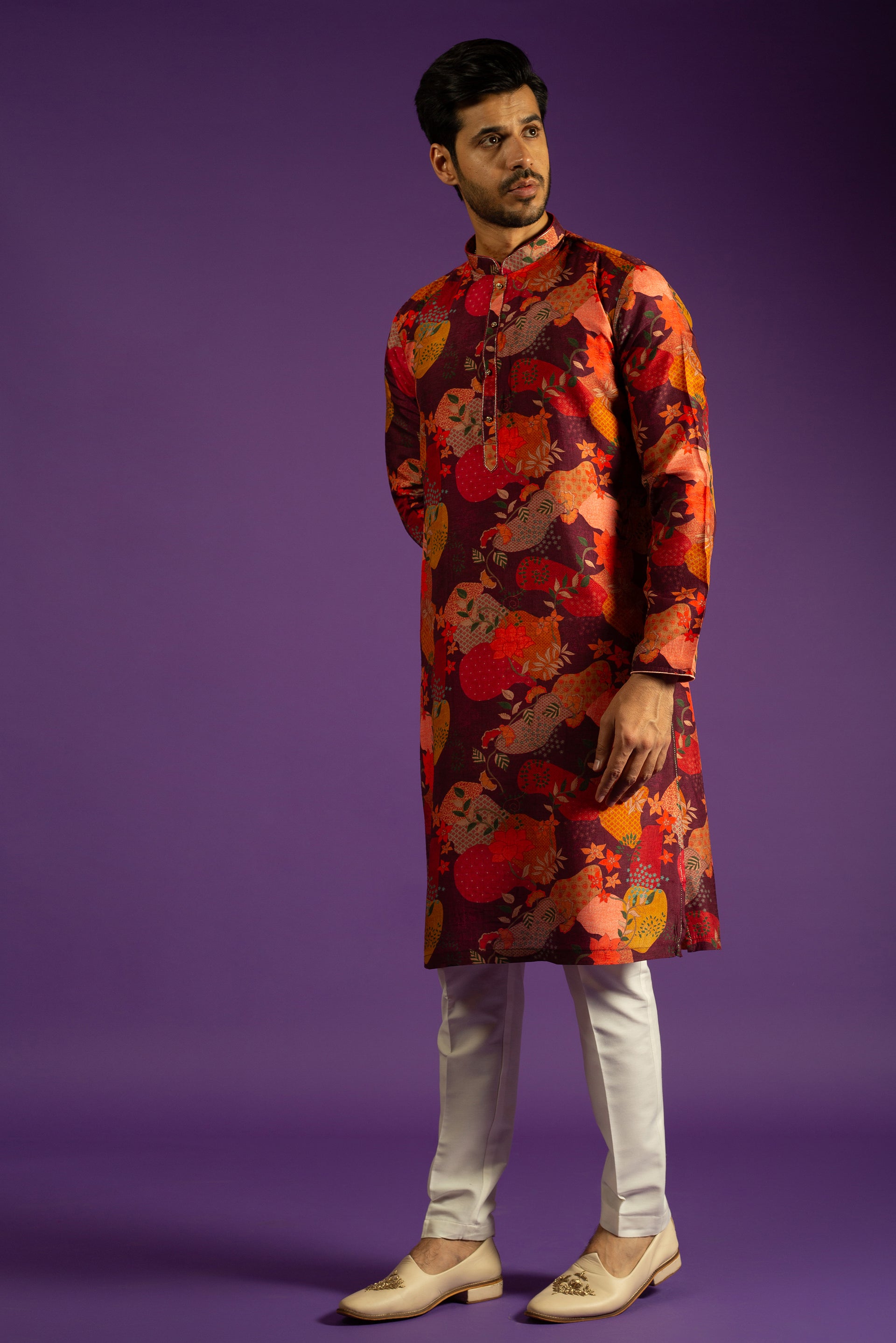 MAROON PRINTED RAW SILK KURTA SET