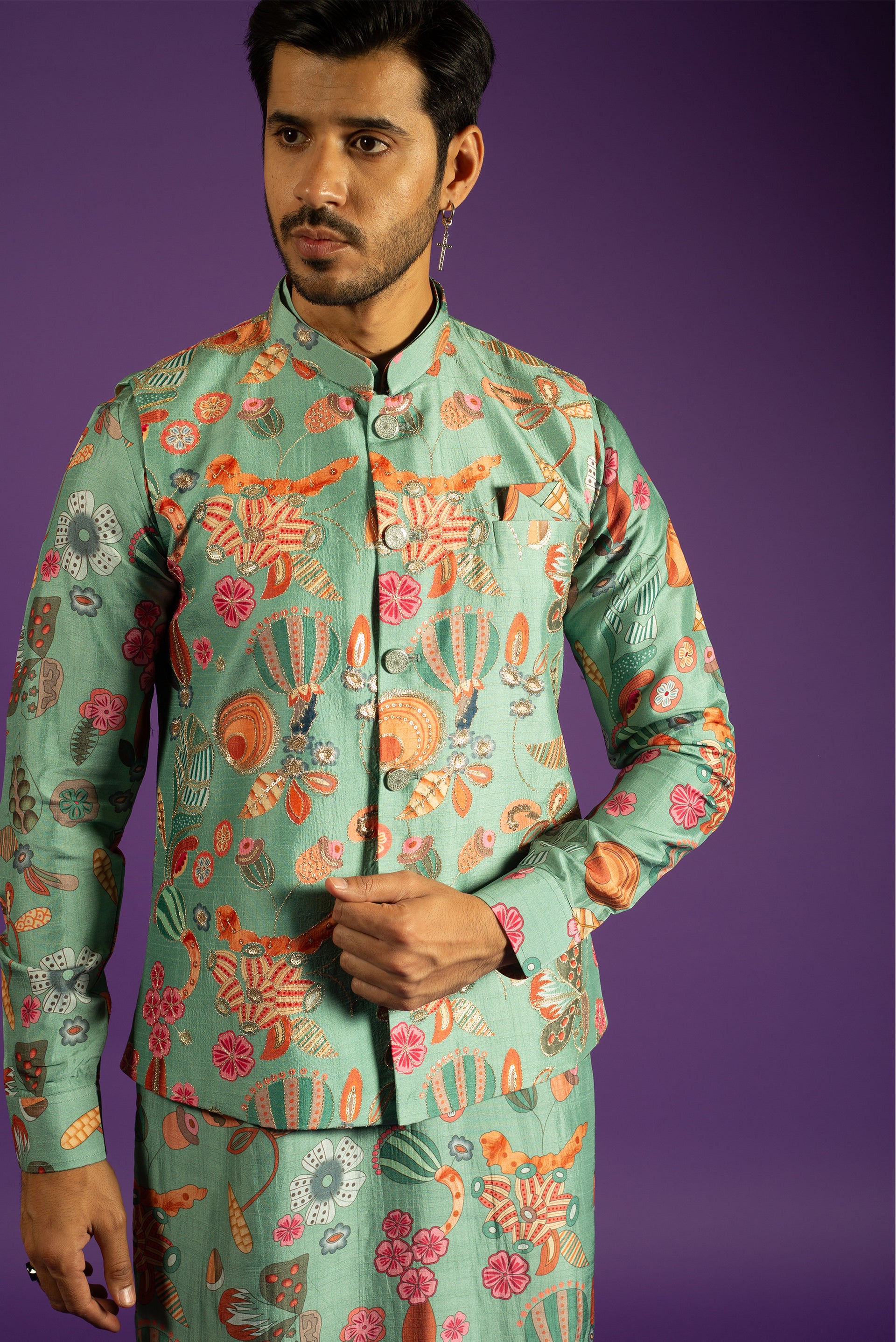 SKY PRINTED RAW SILK KURTA JACKET SET WITH KASAB & SEQUINS EMBROIDERY