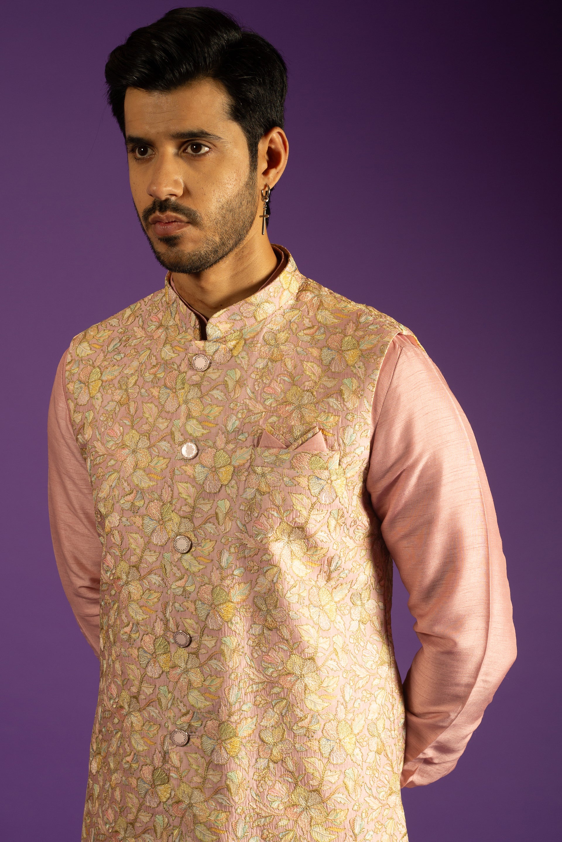 PEACH BANARASI SILK KURTA JACKET SET WITH RESHAM EMBROIDERY
