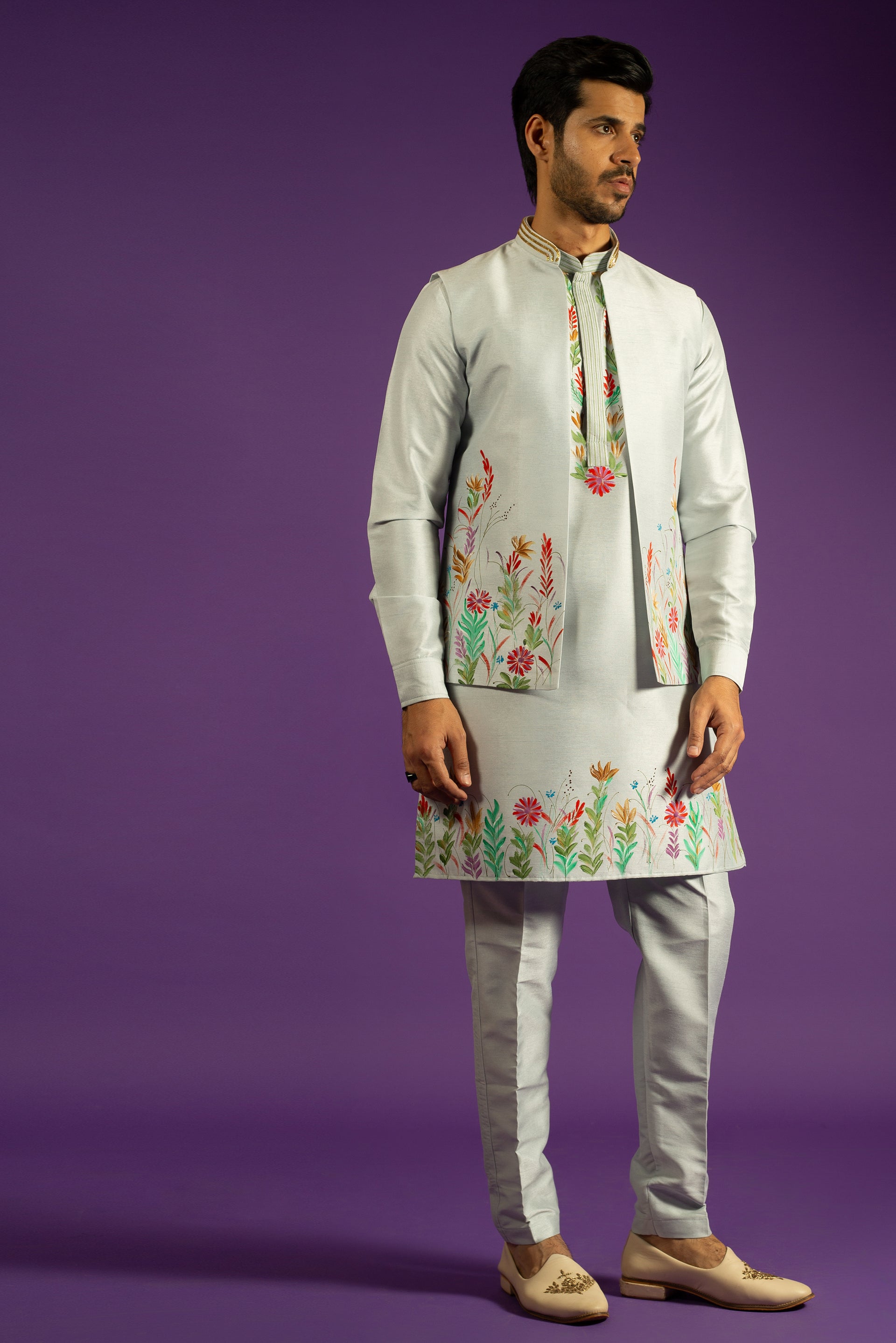 SKY SILK KURTA JACKET SET WITH HAND PAINT & HAND EMBROIDERY