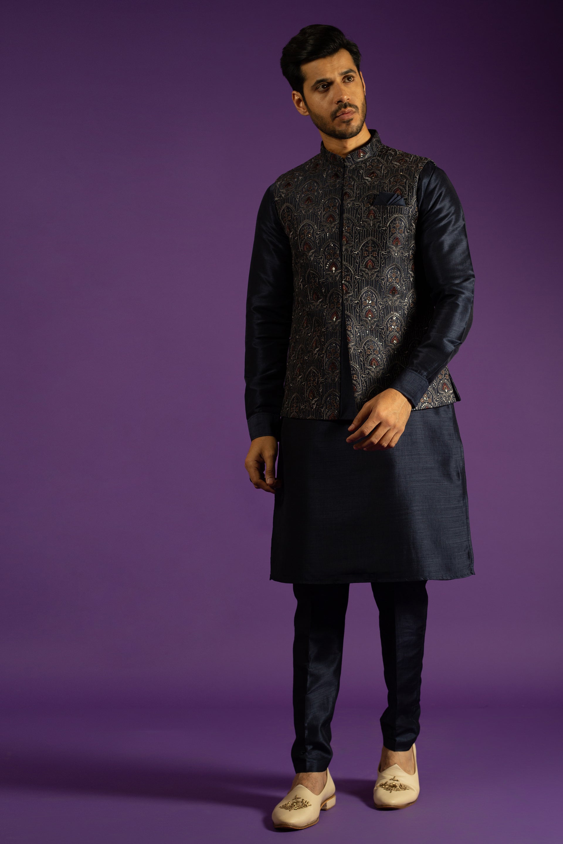 BLUE SILK KURTA JACKET SET WITH RESHAM & SEQUINS EMBROIDERY