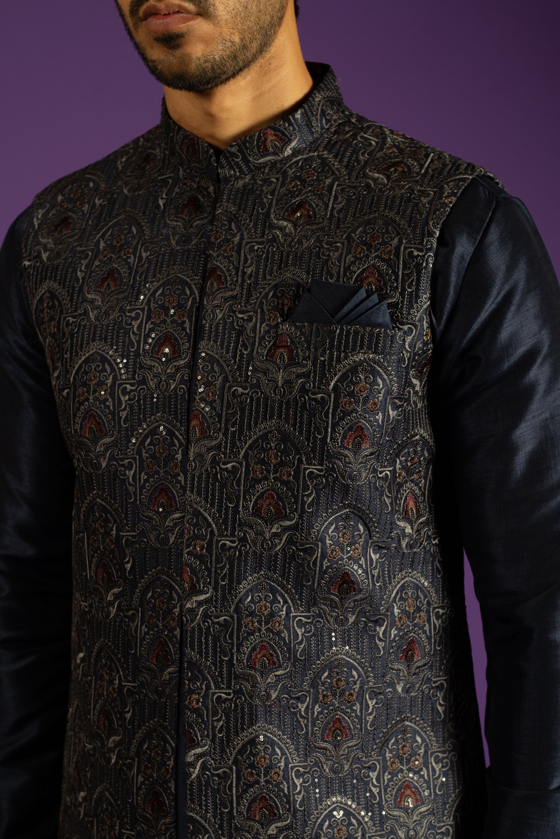 BLUE SILK KURTA JACKET SET WITH RESHAM & SEQUINS EMBROIDERY