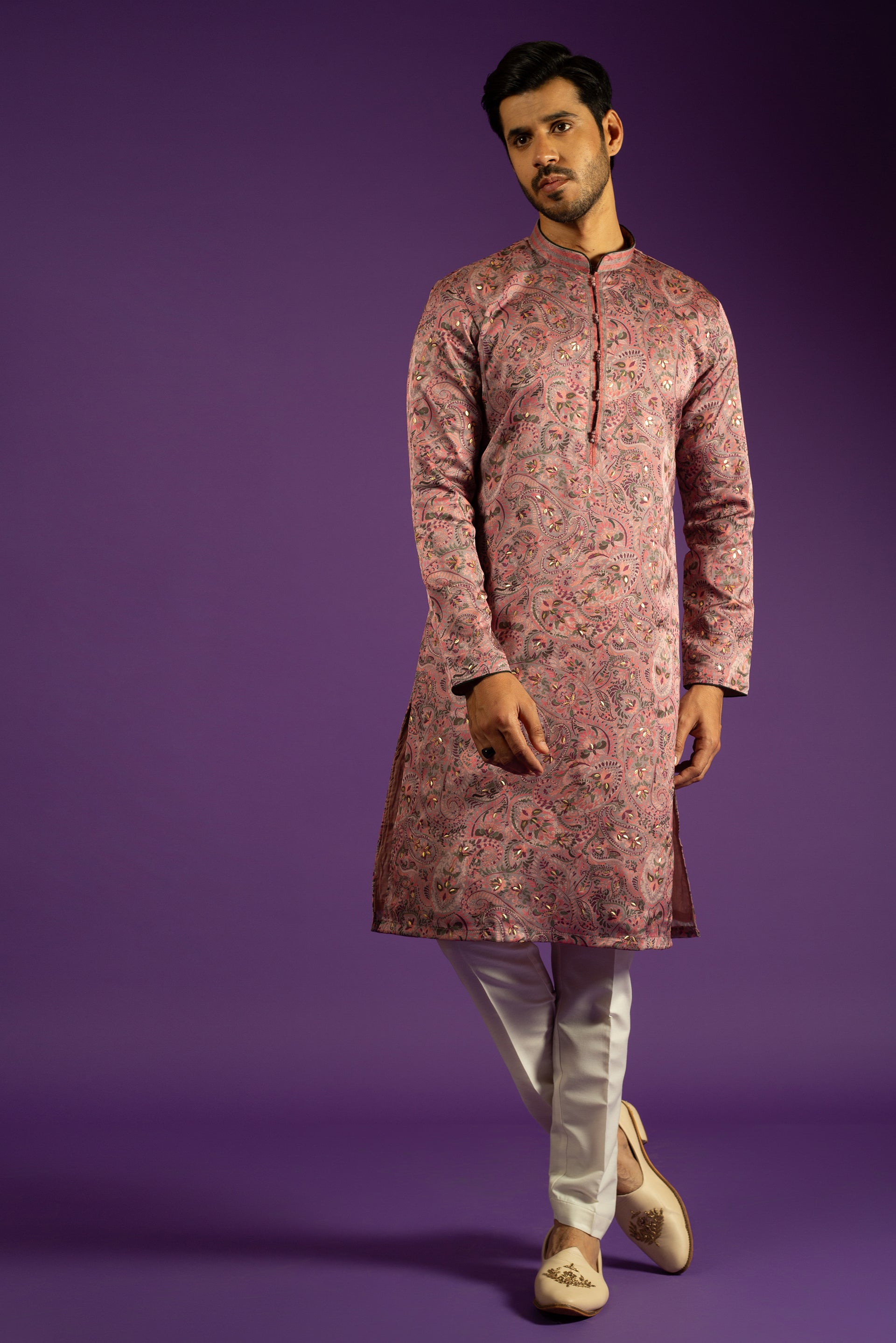 LILAC PRINTED LINEN SILK KURTA SET WITH HAND EMBROIDERY