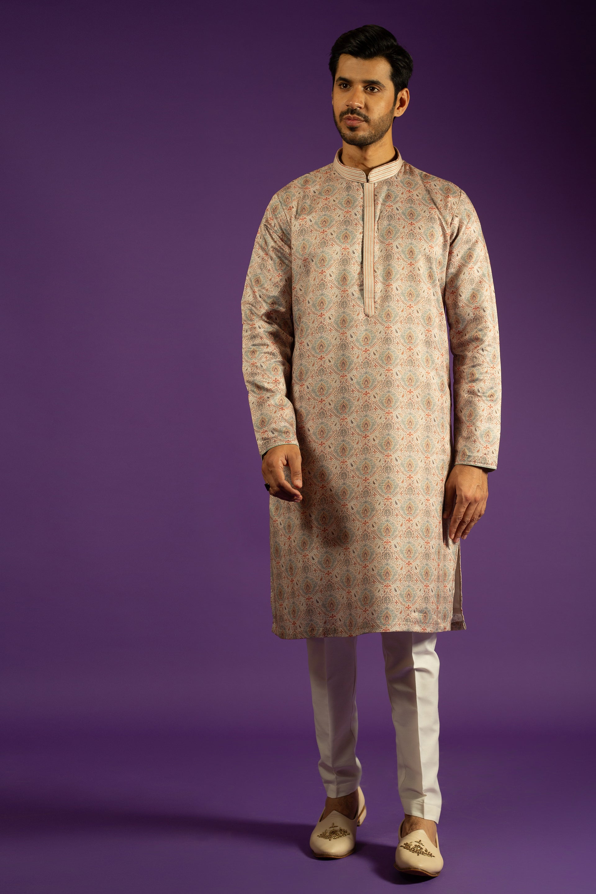 BEIGE PRINTED PASHMINA SILK KURTA SET
