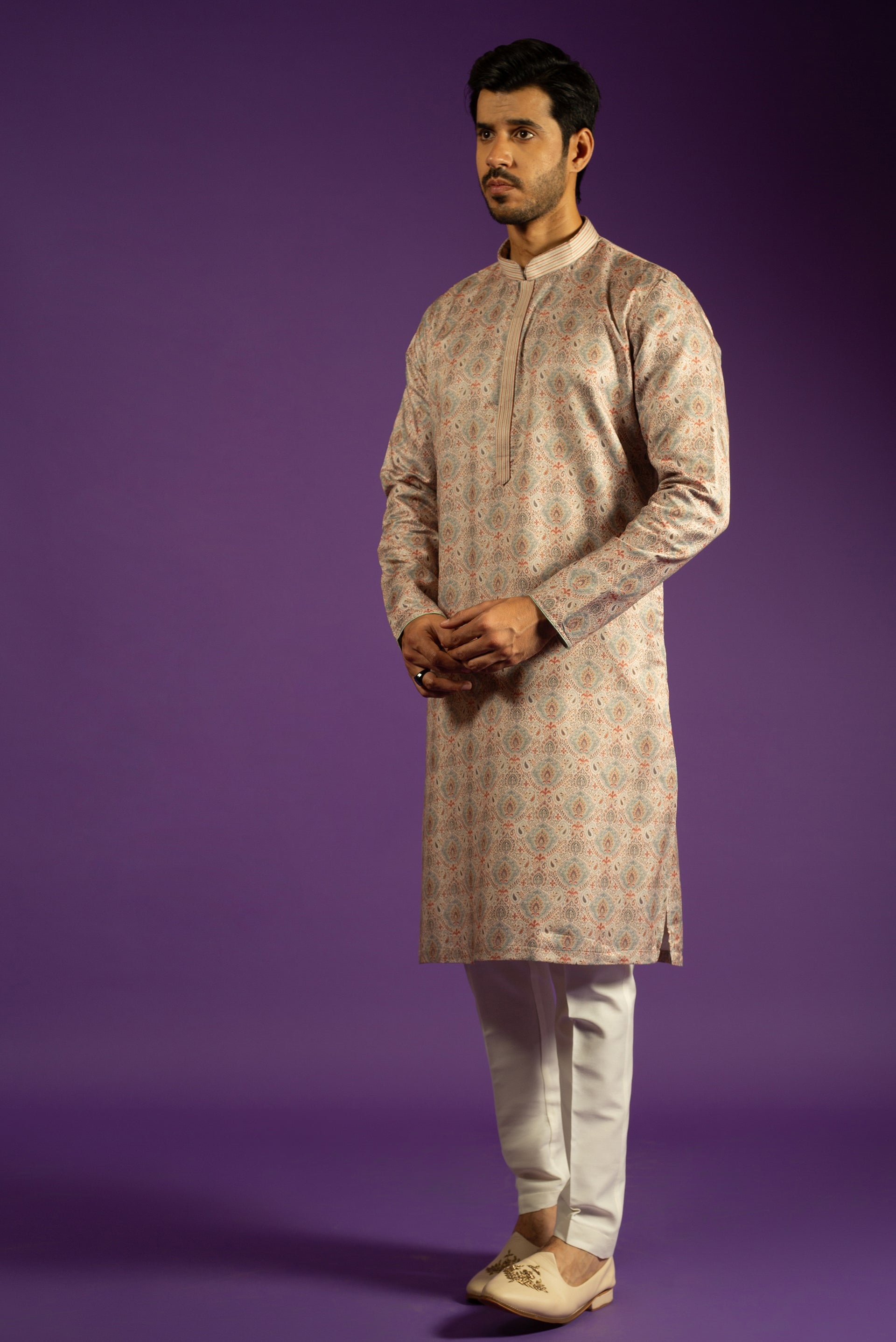 BEIGE PRINTED PASHMINA SILK KURTA SET
