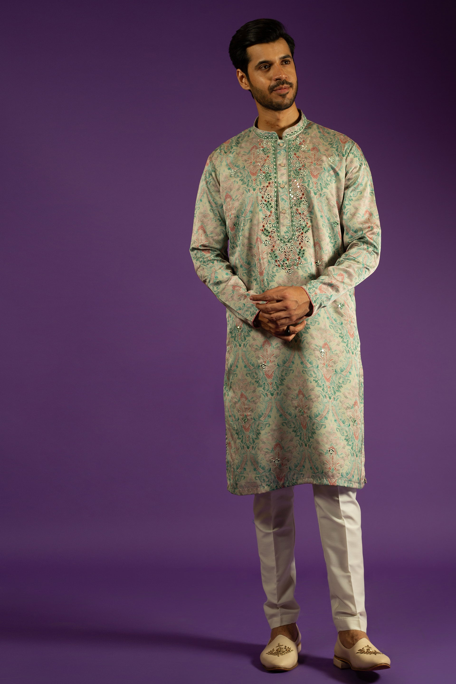 PISTA PRINTED LINEN SILK KURTA SET WITH MIRROR EMBROIDERY