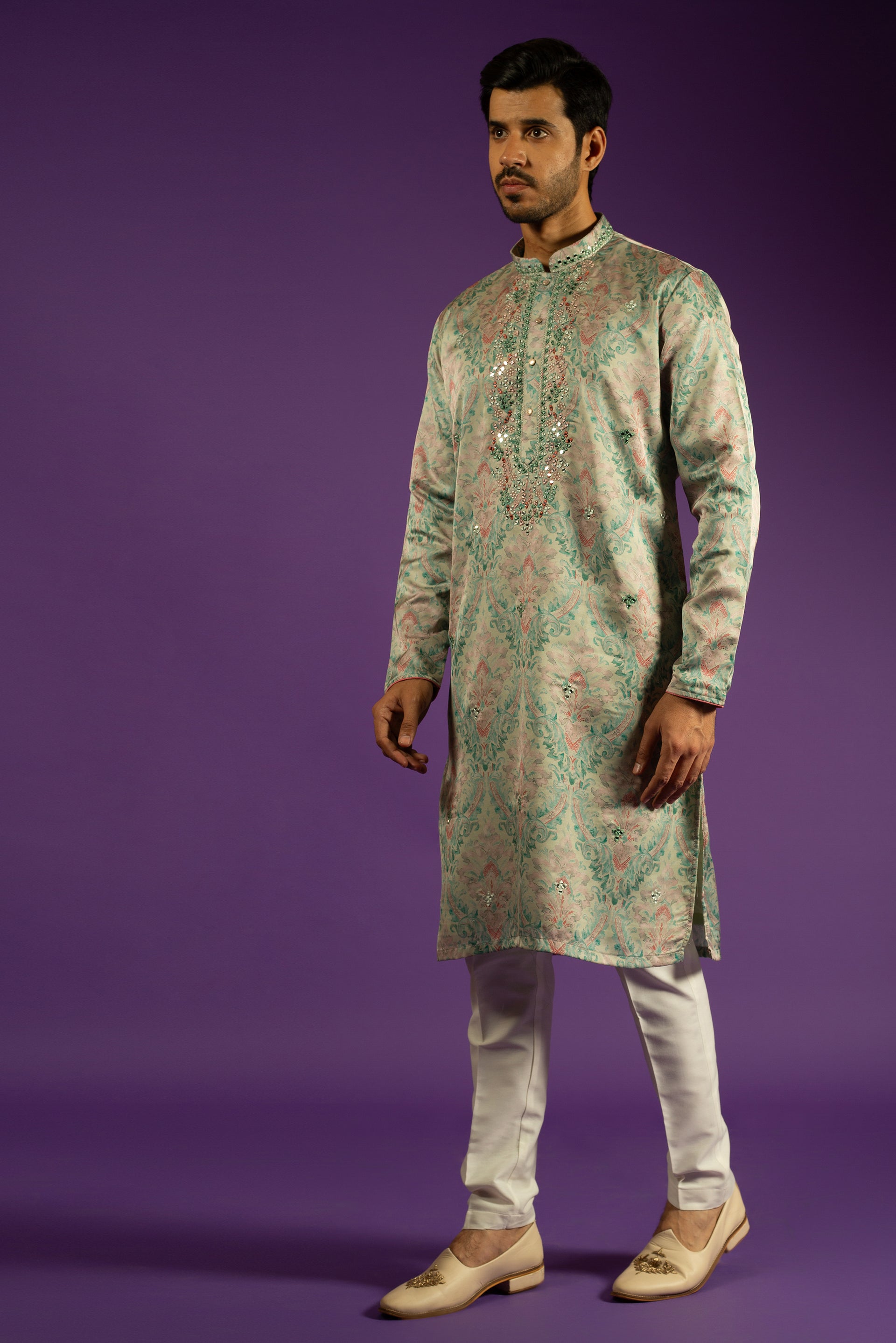 PISTA PRINTED LINEN SILK KURTA SET WITH MIRROR EMBROIDERY