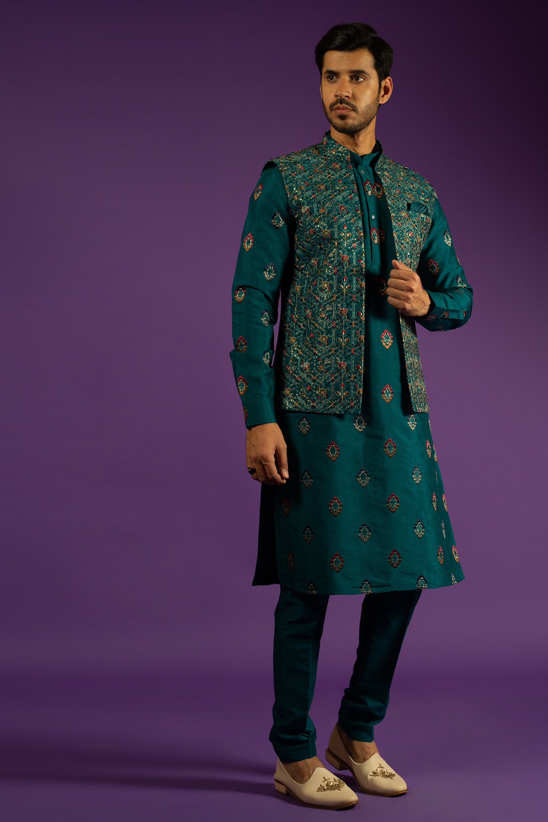 TEAL SILK KURTA JACKET SET WITH RESHAM & SEQUINS EMBROIDERY
