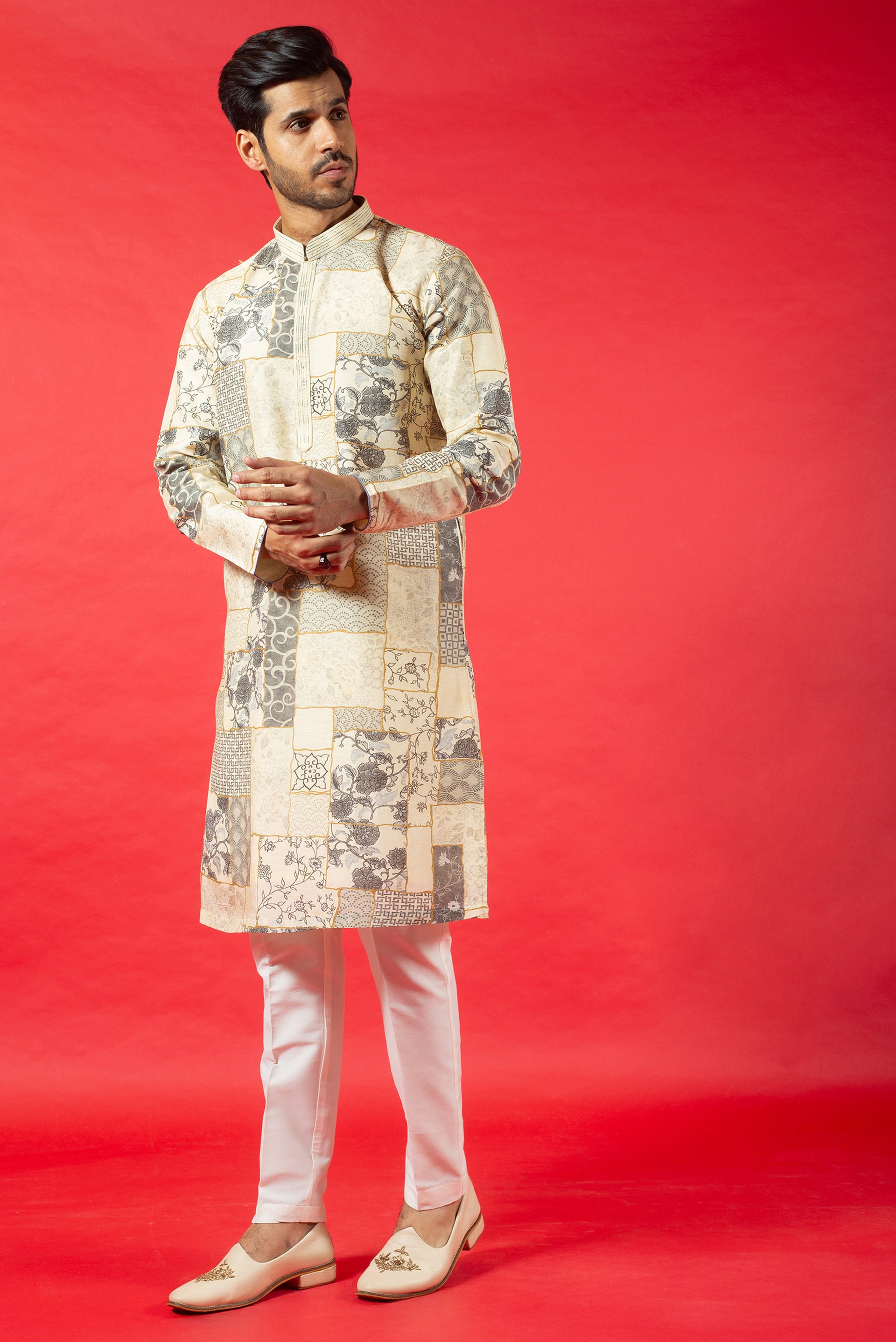 CREAM PRINTED SILK KURTA SET