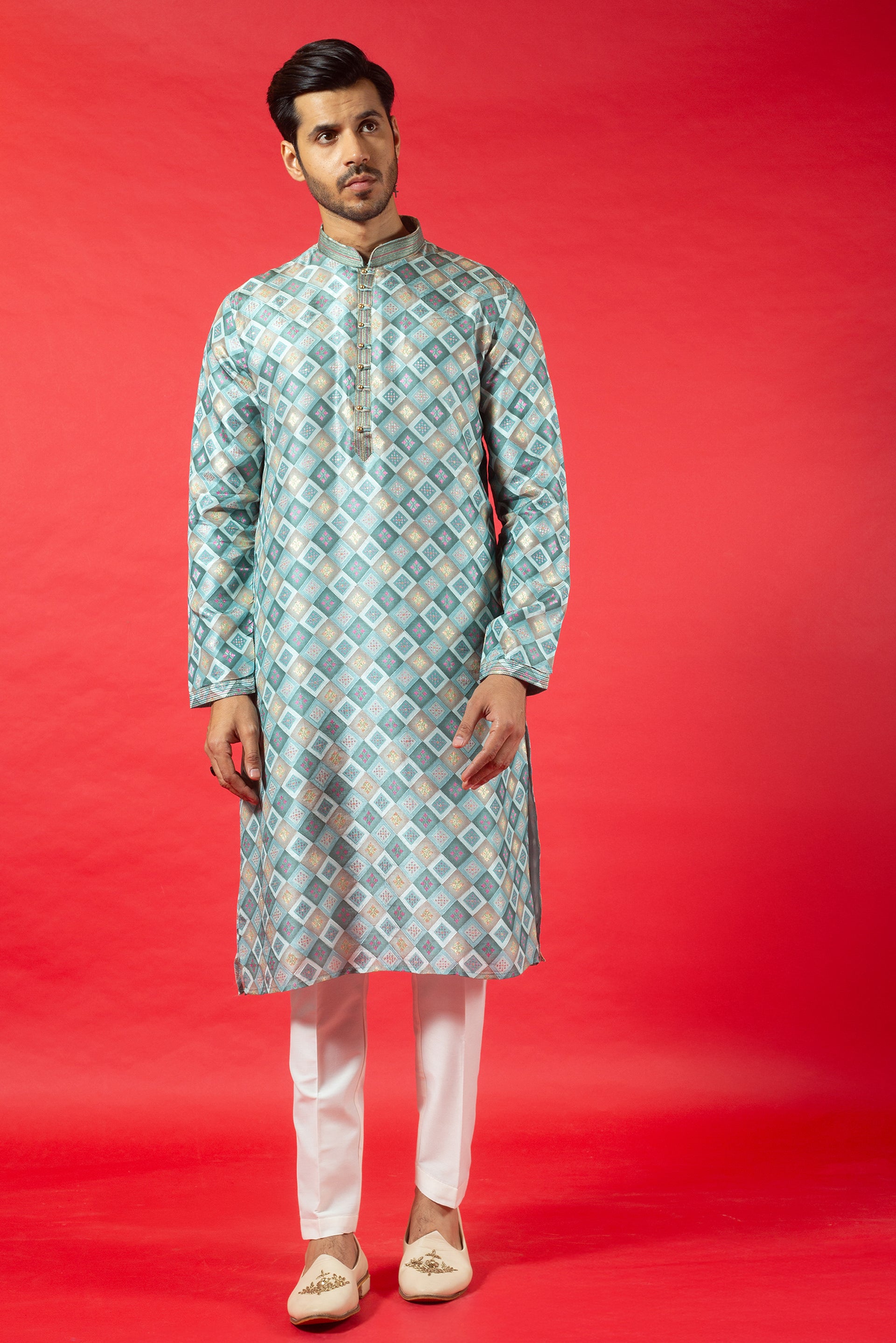 SKY BLUE PRINTED JAQUARD SILK KURTA SET