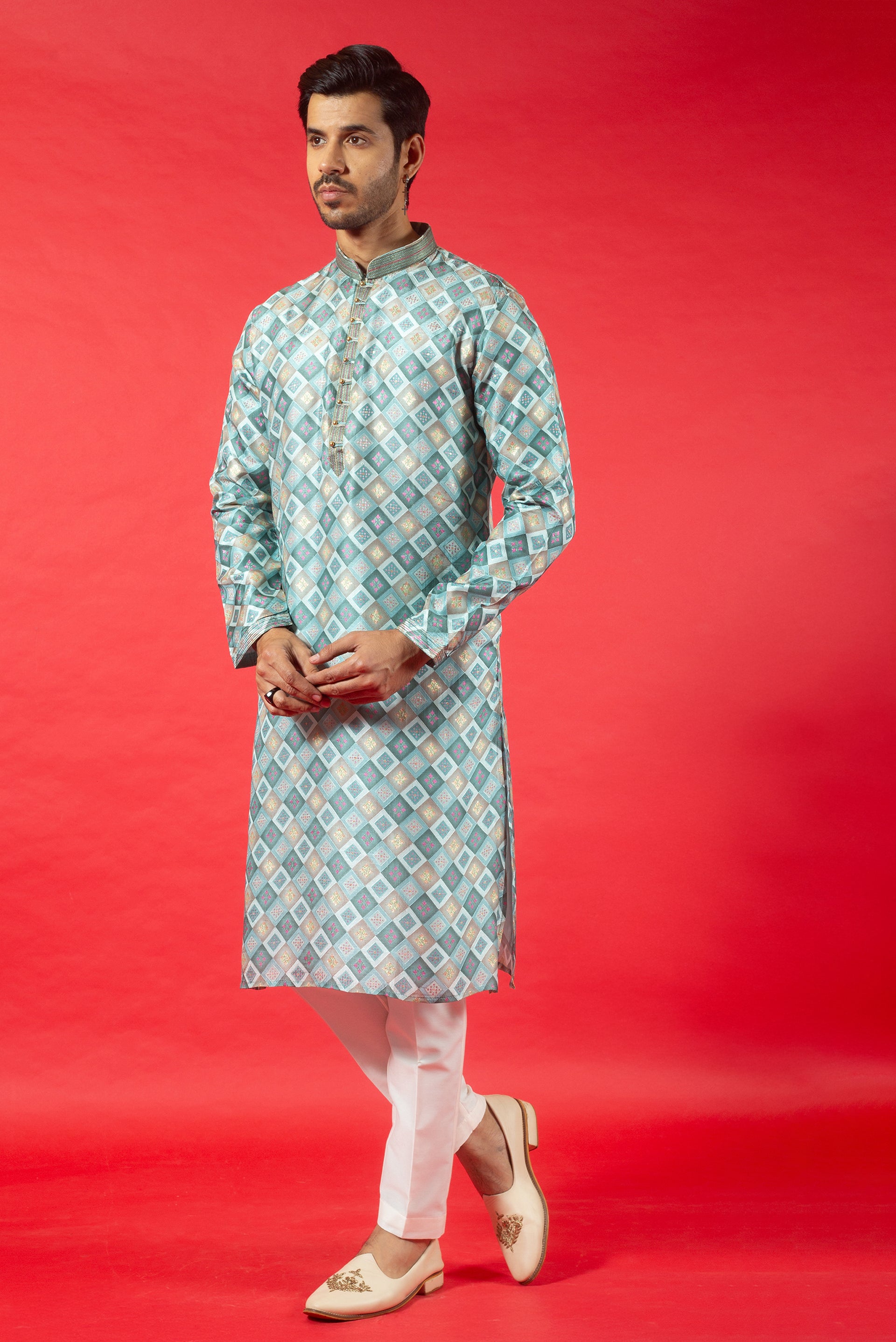SKY BLUE PRINTED JAQUARD SILK KURTA SET