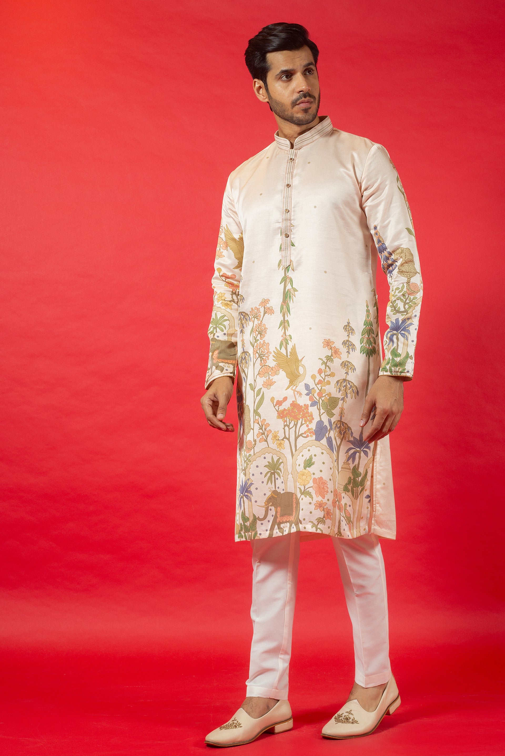 PEACH PRINTED SILK KURTA SET
