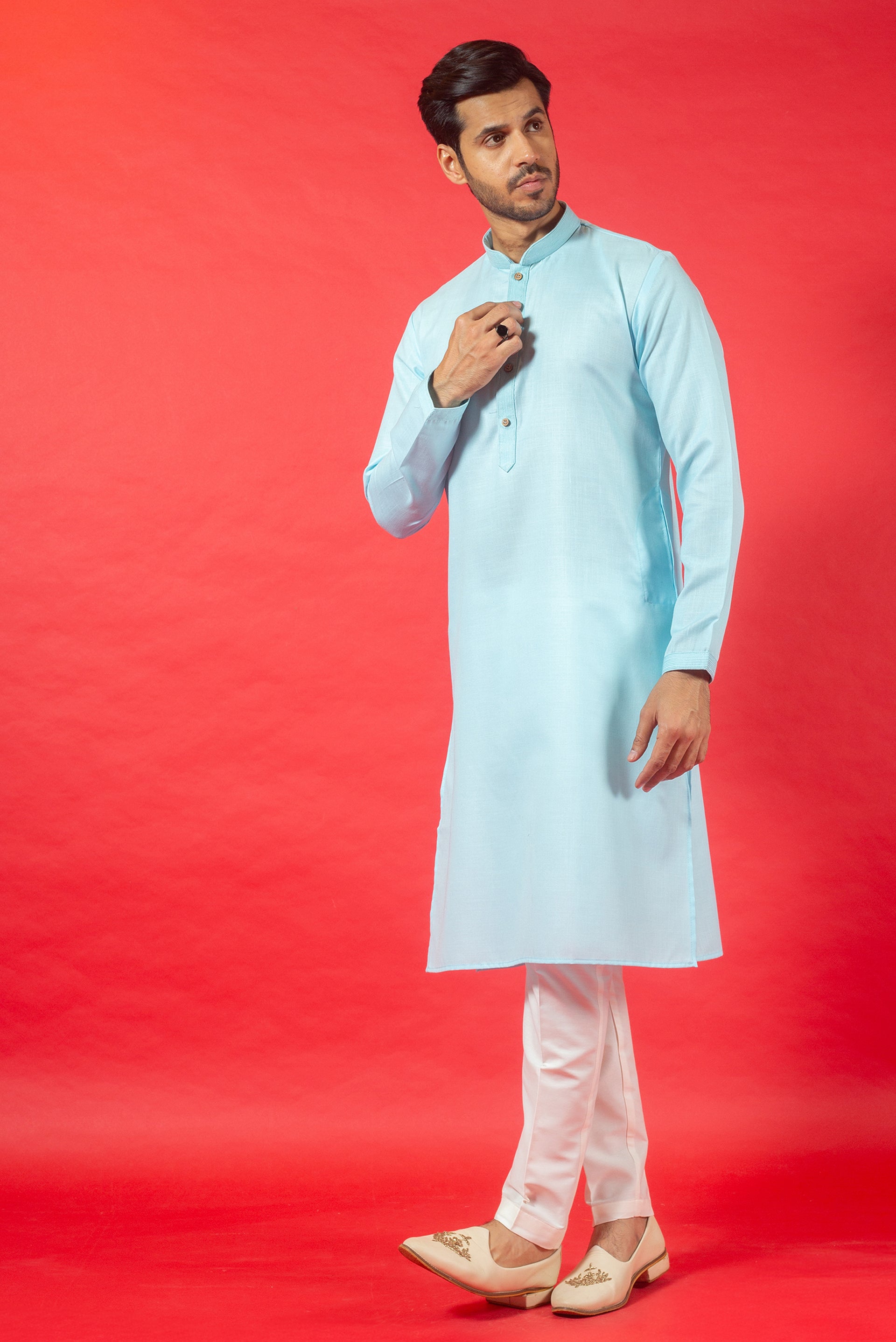SKY BLUE PLAIN COTTON KURTA SET